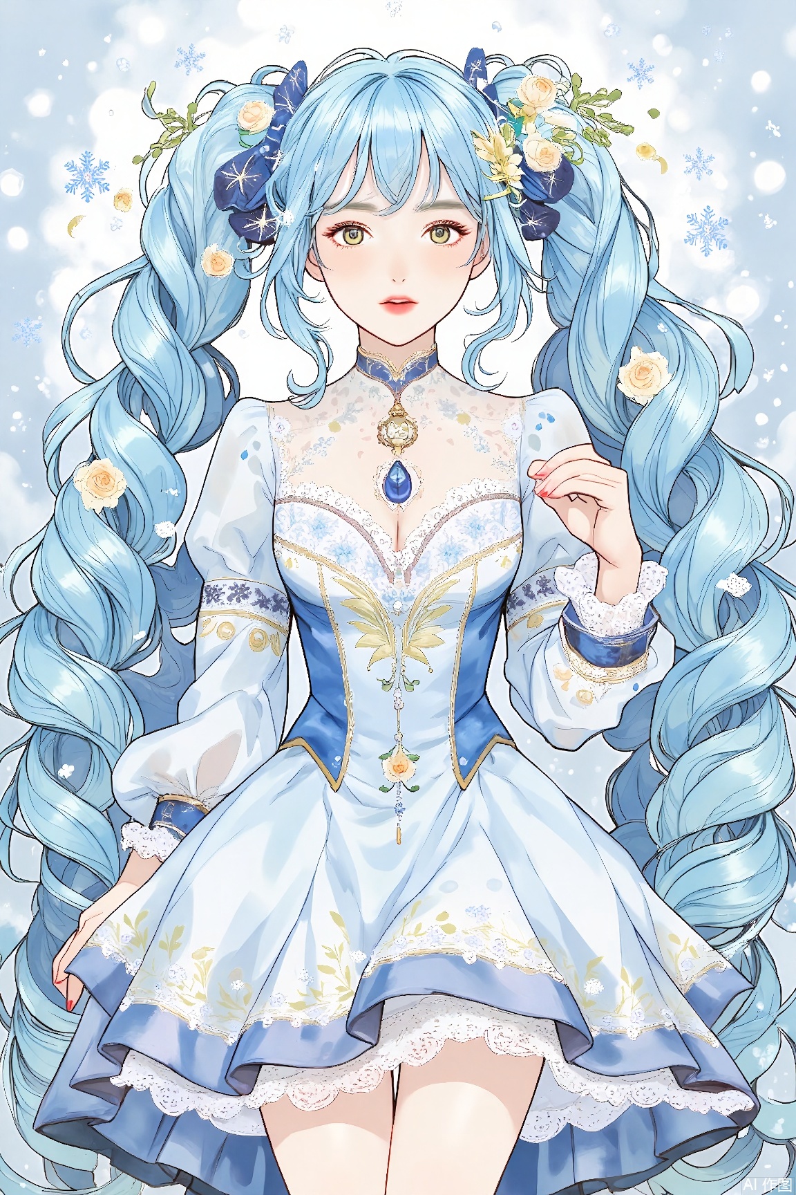 1girl, solo, long hair, bangs, hair ornament, long sleeves, dress, twintails, very long hair, blue hair, flower, frills, hair flower, drill hair, snowflakes