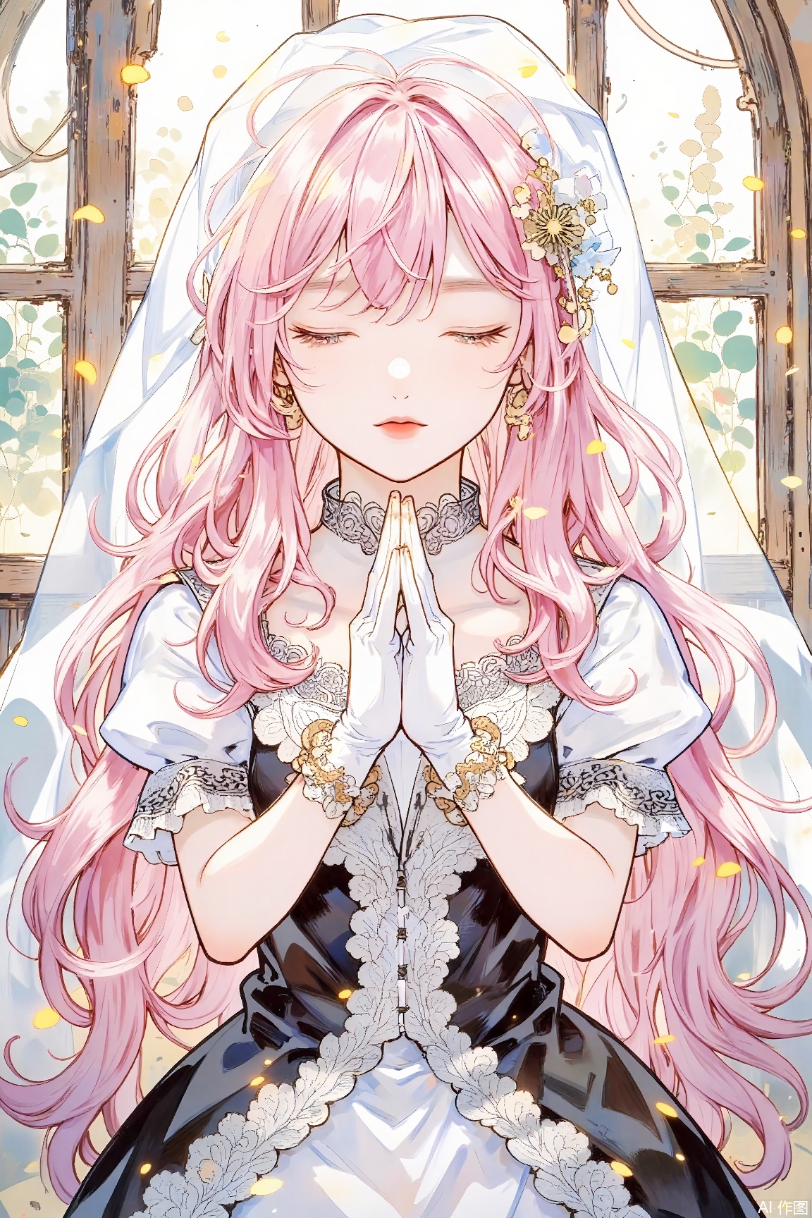 1girl, solo, long hair, bangs, gloves, dress, closed eyes, pink hair, short sleeves, puffy sleeves, indoors, white gloves, black and white dress, own hands together, veil, lace, own hands clasped, praying, lace gloves