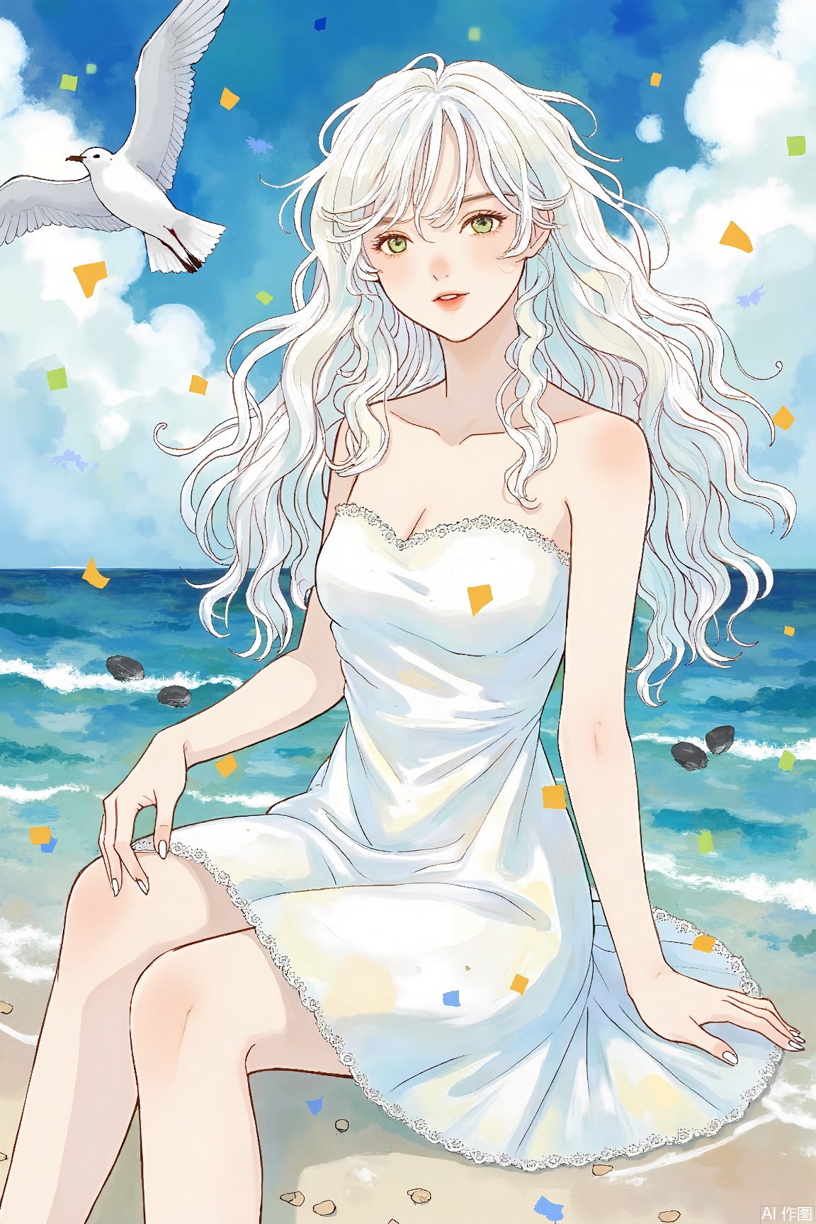 1girl,Heavy paint style, top quality, high resolution, 1080p, (clear face), (detailed face description), (detailed hand description), (masterpiece), (exquisite CG), strong color contrast, extreme light and shadow, masterpiece, rich details, fine features,long hair, dress, bare shoulders, sitting, white hair, outdoors, sky, barefoot, water, white dress, strapless,bird, ocean, wavy hair, beach, instrument, strapless dress,seagull