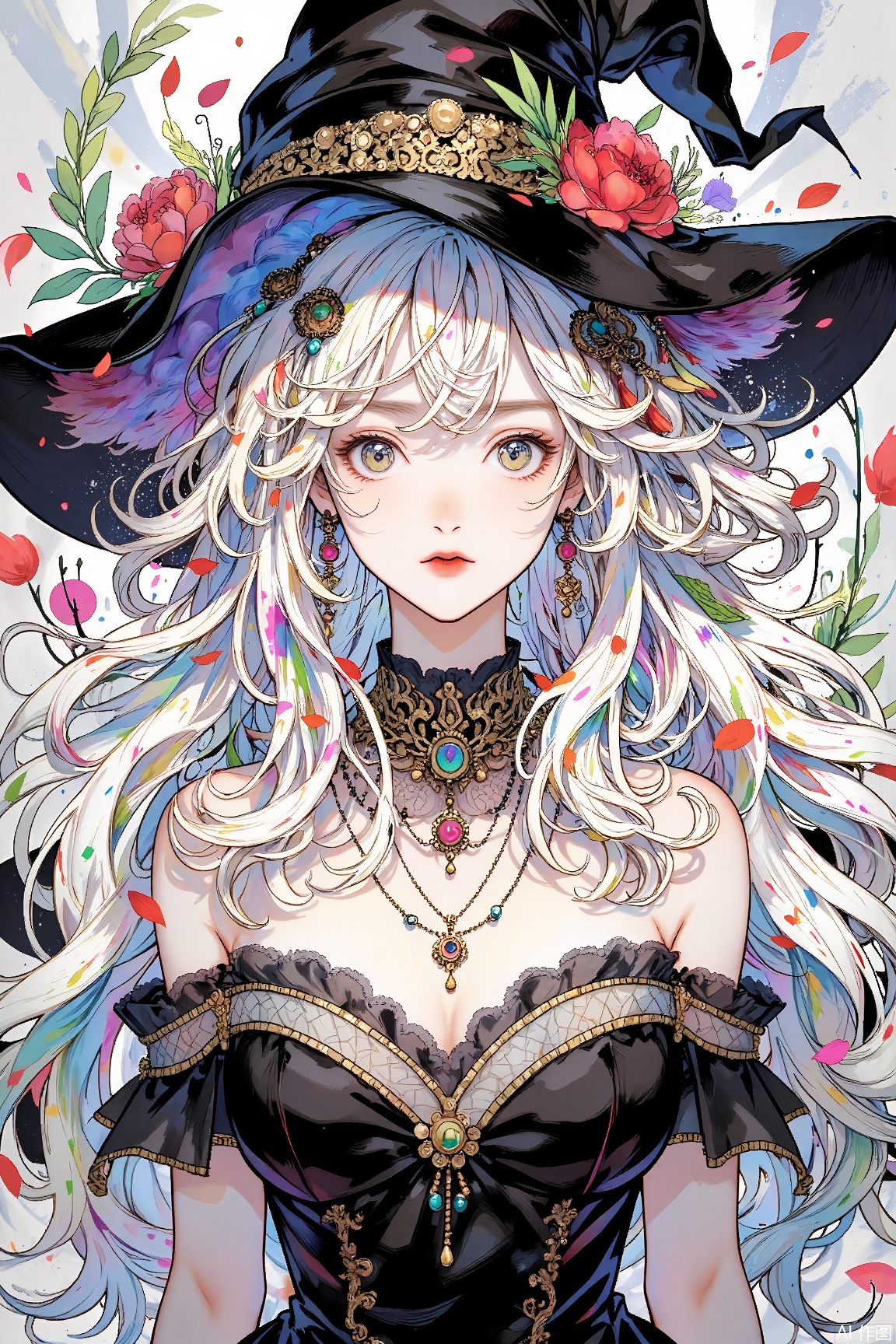 1girl, solo, long hair, breasts, looking at viewer, bangs, hair ornament, hat, dress, cleavage, bare shoulders, jewelry, flower, white hair, multicolored hair, earrings, hair flower, black dress, lips, grey eyes, petals, witch hat, gem,masterpiece,facing the lens,best quality,very aesthetic,extremely delicate and beautiful,huge filesize,amazing quality,32K UHD,extremely delicate and beautiful,best quality,artistic style,fashionable,cool and fashionable,A shot with tension,impactful picture,offcial art,movie perspective,masterpiece,facing the lens,best quality,very aesthetic,extremely delicate and beautiful,huge filesize,amazing,shadow