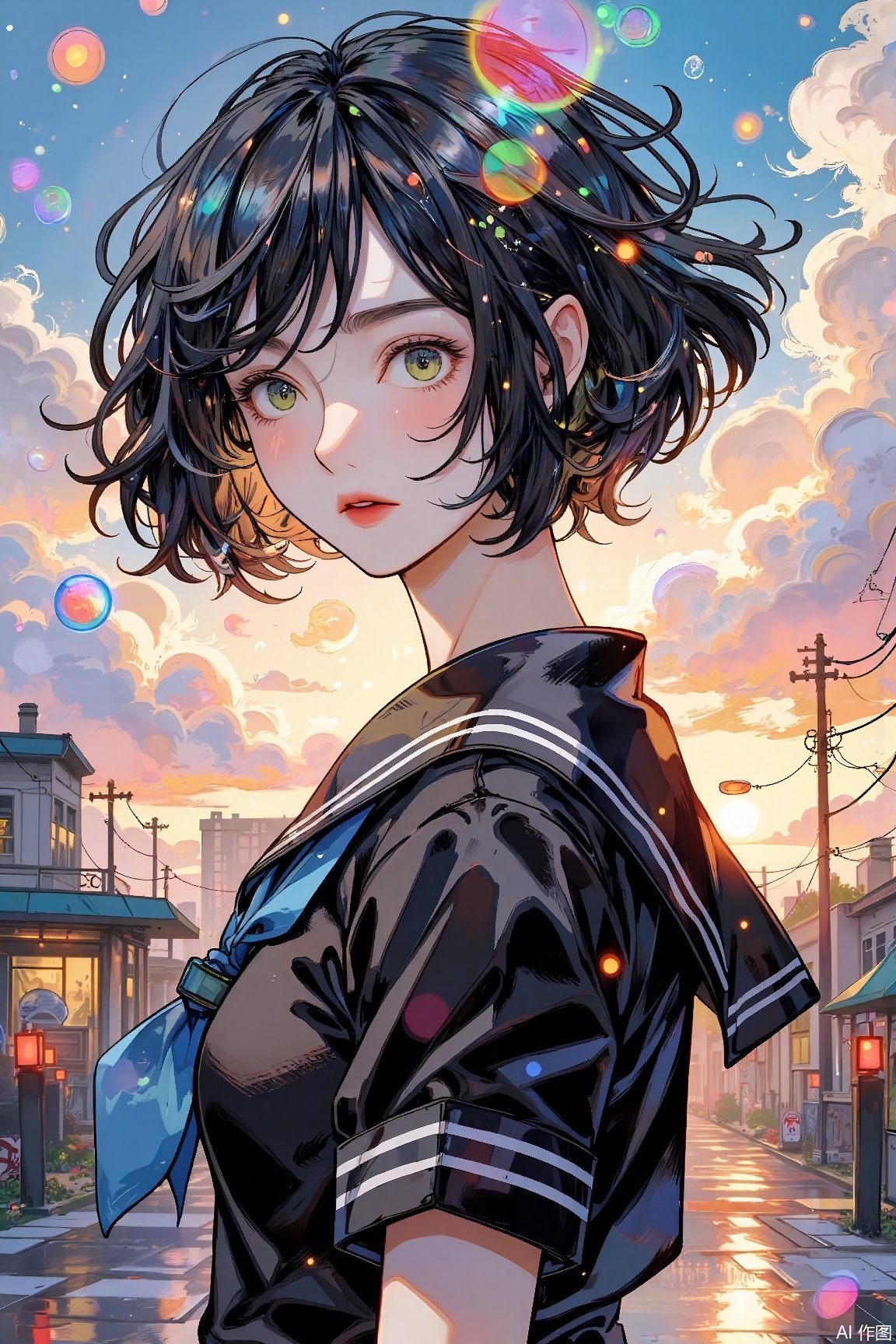 1girl, solo, looking at viewer, blush, short hair, bangs, shirt, black hair, holding, closed mouth, school uniform, green eyes, upper body, short sleeves, outdoors, sky, serafuku, cloud, sailor collar, from side, neckerchief, black shirt, bob cut, ground vehicle, building, reflection, bubble, black sailor collar, sunset, black serafuku, blue neckerchief,masterpiece,best quality,high quality,overexposure,chromatic_aberration,light,colorful,fair_skin,very aesthetic,absurdres,amazing quality,(aestivation:0.4),(nasii:0.4),(toosaka asagi:0.4),(atdan:0.4),(artist:quasarcake:0.8),(iumu:0.72),(wlop:0.72),96YOTTEA,Konya Karasue, //, depth of field,detailed light,blurry background,best shadow,cinematic lighting,ray tracing, ultra detailed, newest,in the style of fashion photography,dynamic, dynamic force picture