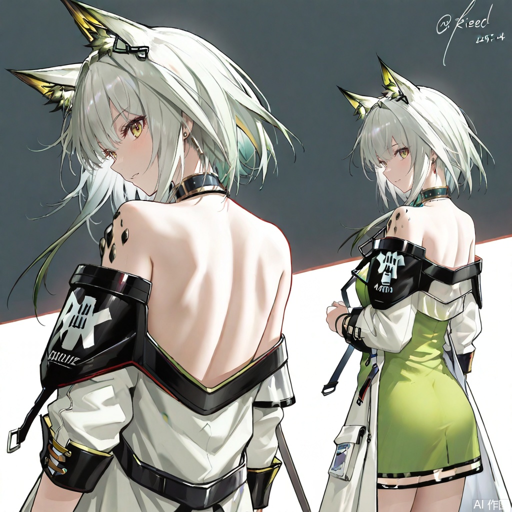 1girl, solo, breasts, looking at viewer, short hair, bangs, long sleeves, dress, animal ears, bare shoulders, green eyes, standing, white hair, cowboy shot, looking back, cat ears, signature, off shoulder, from behind, dated, coat, animal ear fluff, back, green dress, white coat, bare back, oripathy lesion \(arknights\), kal'tsit \(arknights\),masterpiece,best quality,amazing quality,masterpiece,best quality,amazing quality,pixiv masterpiece, intricate details, source_anime,score_9, score_8_up, score_7_up, score_6_up, score_5_up, score_4_up,FSW,kieed, nicehand, 