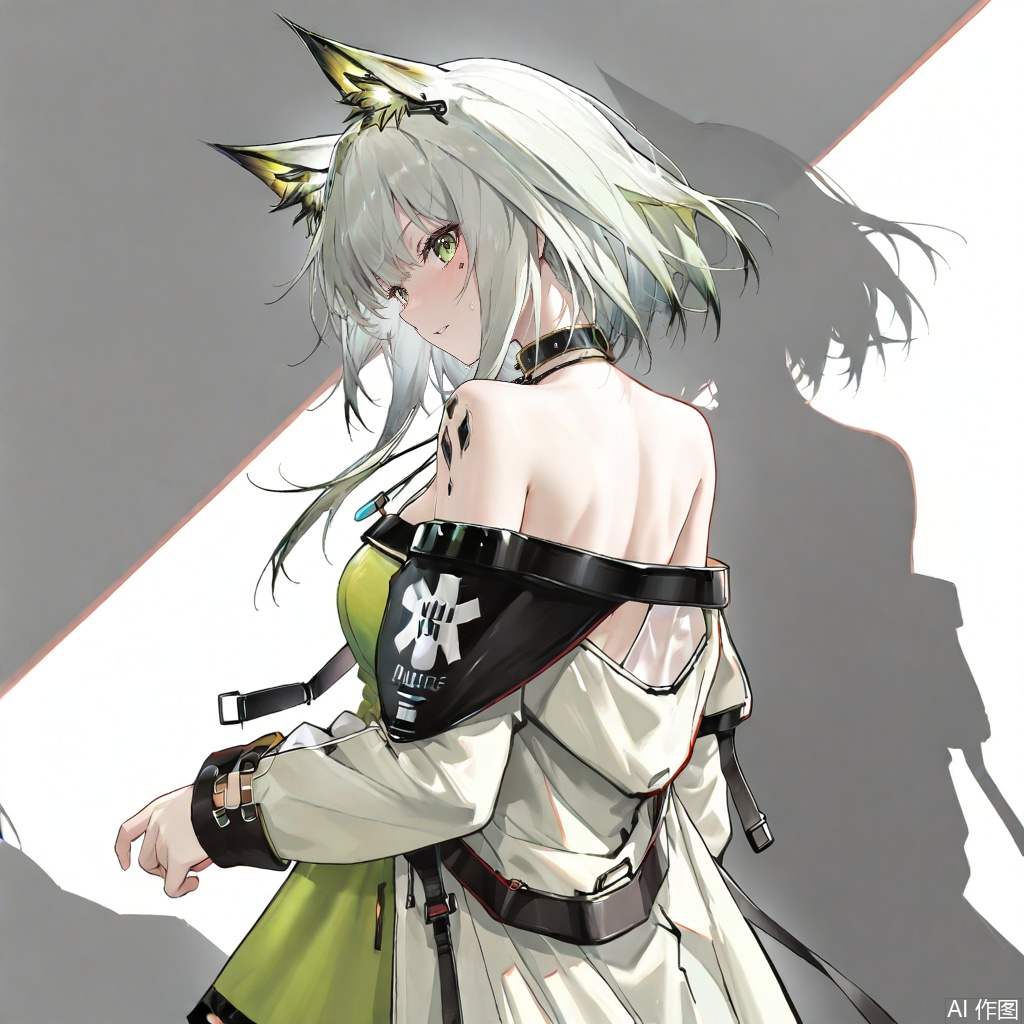 1girl, solo, breasts, looking at viewer, short hair, bangs, long sleeves, dress, animal ears, bare shoulders, green eyes, standing, white hair, cowboy shot, looking back, cat ears,  off shoulder, from behind,coat, animal ear fluff, back, green dress, white coat, bare back, oripathy lesion \(arknights\), kal'tsit \(arknights\),masterpiece,best quality,amazing quality,masterpiece,best quality,amazing quality,pixiv masterpiece, intricate details, source_anime,score_9, score_8_up, score_7_up, score_6_up, score_5_up, score_4_up,FSW,kieed, nicehand, 