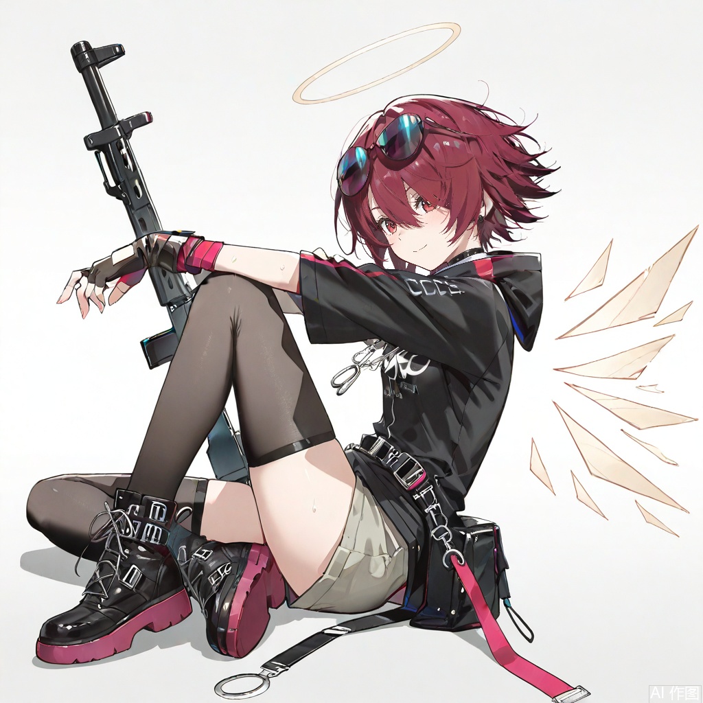 1girl, solo, looking at viewer, short hair, simple background, shirt, thighhighs, gloves, hair between eyes, brown eyes, full body, weapon, red hair, boots, wings, shoes, shorts, black thighhighs, white gloves, fingerless gloves, , black footwear, gun, black shirt, halo, sunglasses, eyewear on head, detached wings, energy wings, exusiai \(arknights\),masterpiece,best quality,amazing quality,masterpiece,best quality,amazing quality,pixiv masterpiece, intricate details, source_anime,score_9, score_8_up, score_7_up, score_6_up, score_5_up, score_4_up,FSW,kieed, nicehand
