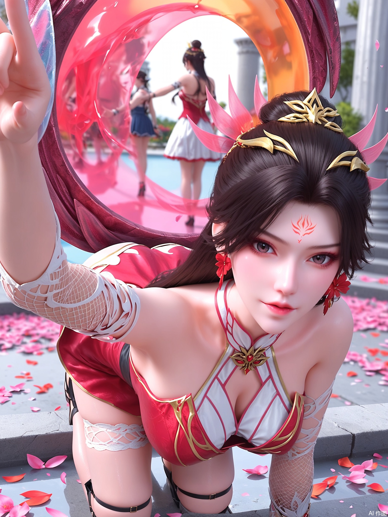 score_9,score_8_up,score_7_up,1girl,looking_at_viewer,realistic,1girl,Vivid Colors,bright environment,delicate water,hair_ornament,shiny skin,shiny hair,reflection,(wariza:1.2),dress,jewelry,flower sea,falling petals,extreme detail description,(full body:0.6),put one hand on your side,long_hair,(skindentation:1.3),Fishnet stockings,bright,sunshine on face,red dress,black-hair,pillar,forehead mark