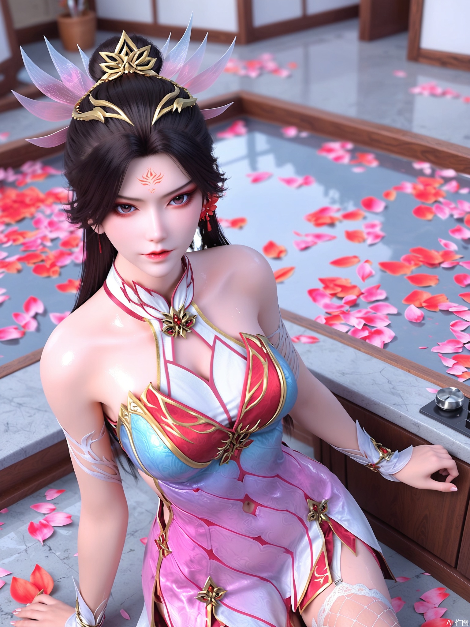 score_9,score_8_up,score_7_up,1girl,looking_at_viewer,realistic,1girl,Vivid Colors,bright environment,delicate water,hair_ornament,shiny skin,shiny hair,reflection,(wariza:1.2),dress,jewelry,flower sea,falling petals,extreme detail description,(full body:0.3),put one hand on your side,long_hair,(skindentation:1.3),Fishnet stockings,bright,sunshine on face,chinese_clothes,black hair,kitchen,light,sweating