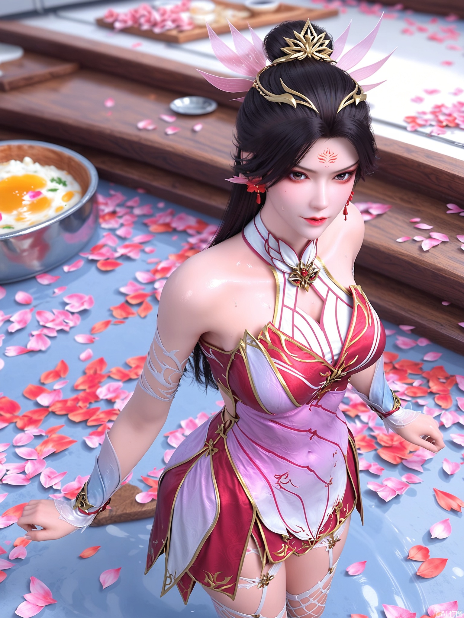 score_9,score_8_up,score_7_up,1girl,looking_at_viewer,realistic,1girl,Vivid Colors,bright environment,delicate water,hair_ornament,shiny skin,shiny hair,reflection,(wariza:1.2),dress,jewelry,flower sea,falling petals,extreme detail description,(full body:0.3),put one hand on your side,long_hair,(skindentation:1.3),Fishnet stockings,bright,sunshine on face,chinese_clothes,black hair,kitchen,light,sweating