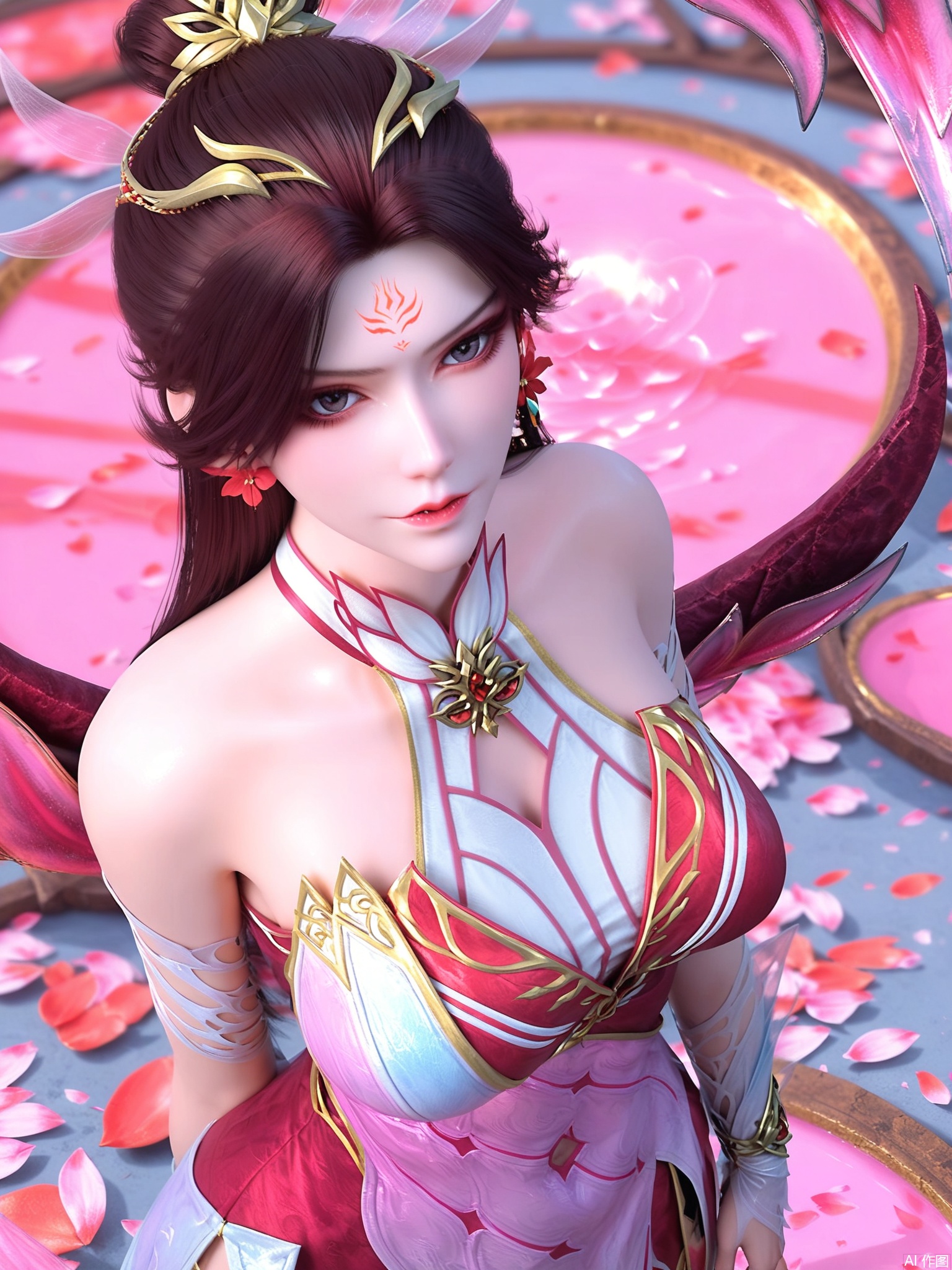 score_9,score_8_up,score_7_up,1girl,looking_at_viewer,realistic,1girl,Vivid Colors,bright environment,delicate water,hair_ornament,shiny skin,shiny hair,reflection,(wariza:1.2),dress,jewelry,flower sea,falling petals,extreme detail description,(full body:0.6),put one hand on your side,long_hair,(skindentation:1.3),Fishnet stockings,bright,sunshine on face,black-hair,forehead mark