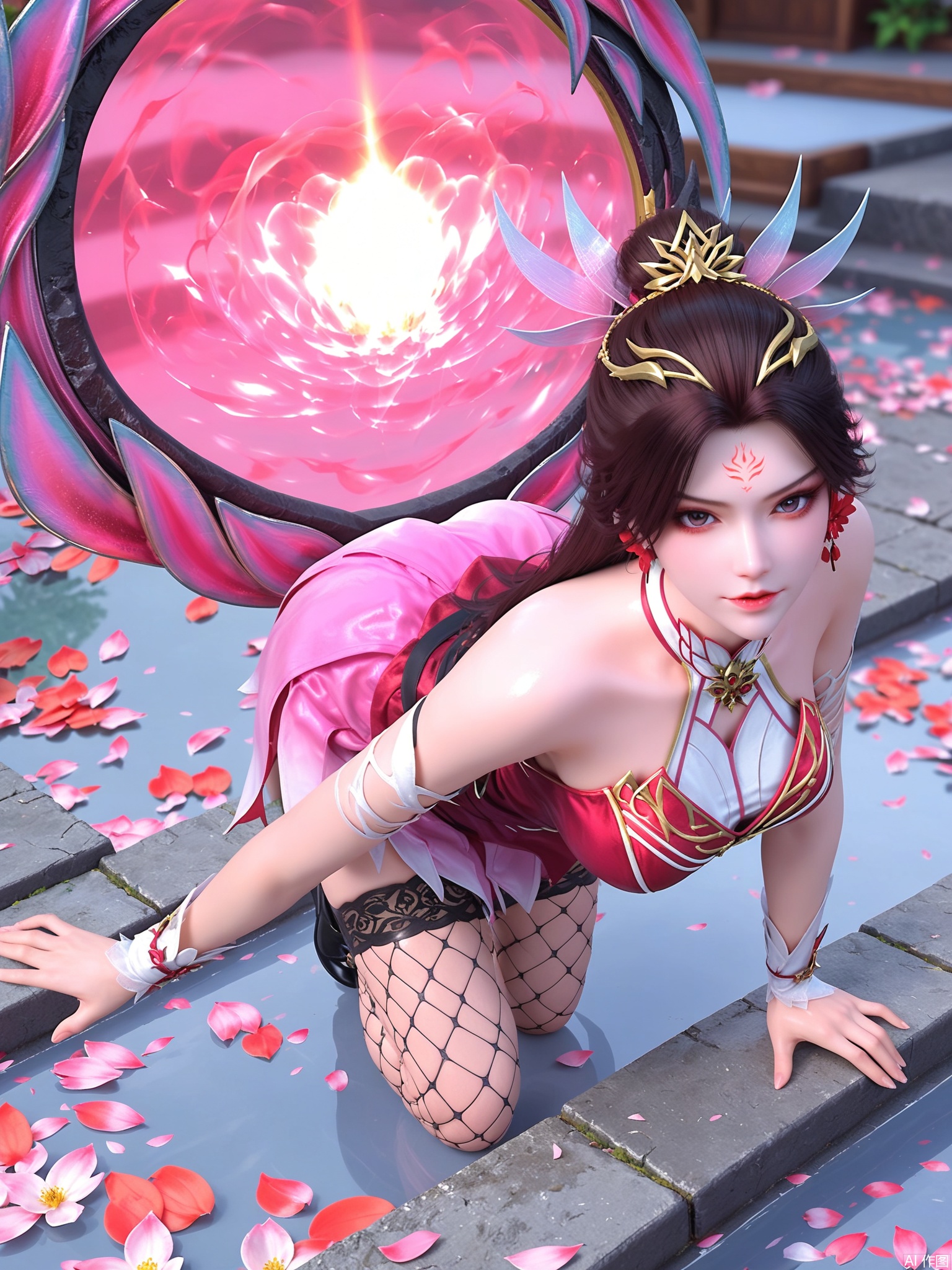 score_9,score_8_up,score_7_up,1girl,looking_at_viewer,realistic,1girl,Vivid Colors,bright environment,delicate water,hair_ornament,shiny skin,shiny hair,reflection,(wariza:1.2),dress,jewelry,flower sea,falling petals,extreme detail description,(full body:0.6),put one hand on your side,long_hair,(skindentation:1.3),Fishnet stockings,bright,sunshine on face,black-hair,forehead mark,bright,red dress,pink dress,