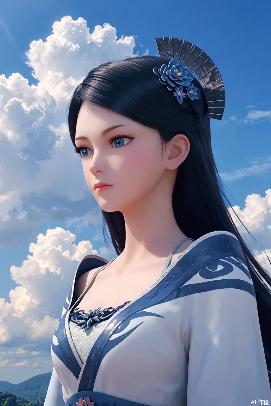 score_9_up,score_8_up,1girl, solo, long hair, black hair, hair ornament, dress, closed mouth, upper body, outdoors, sky, day, cloud, blue sky,HanQianLuo