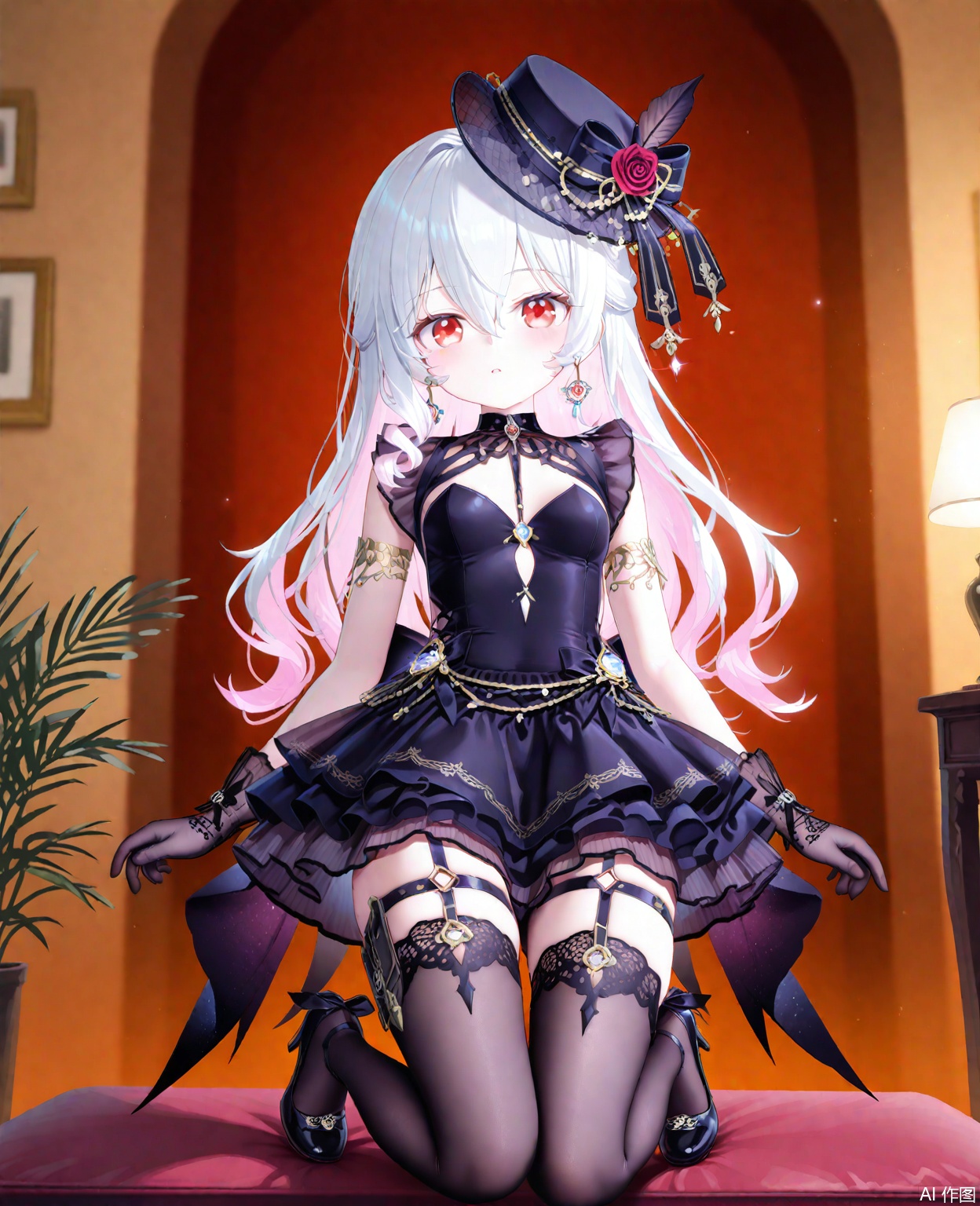 masterpiece,high quality,best quality,1loli,solo,long hair,breasts,red eyes,gloves,hat,dress,hair between eyes,jewelry,pink hair,white hair,multicolored hair,earrings,black gloves,black dress,thighhighs,footwear,high heels,short dress,thigh strap,jikan,nyalia style