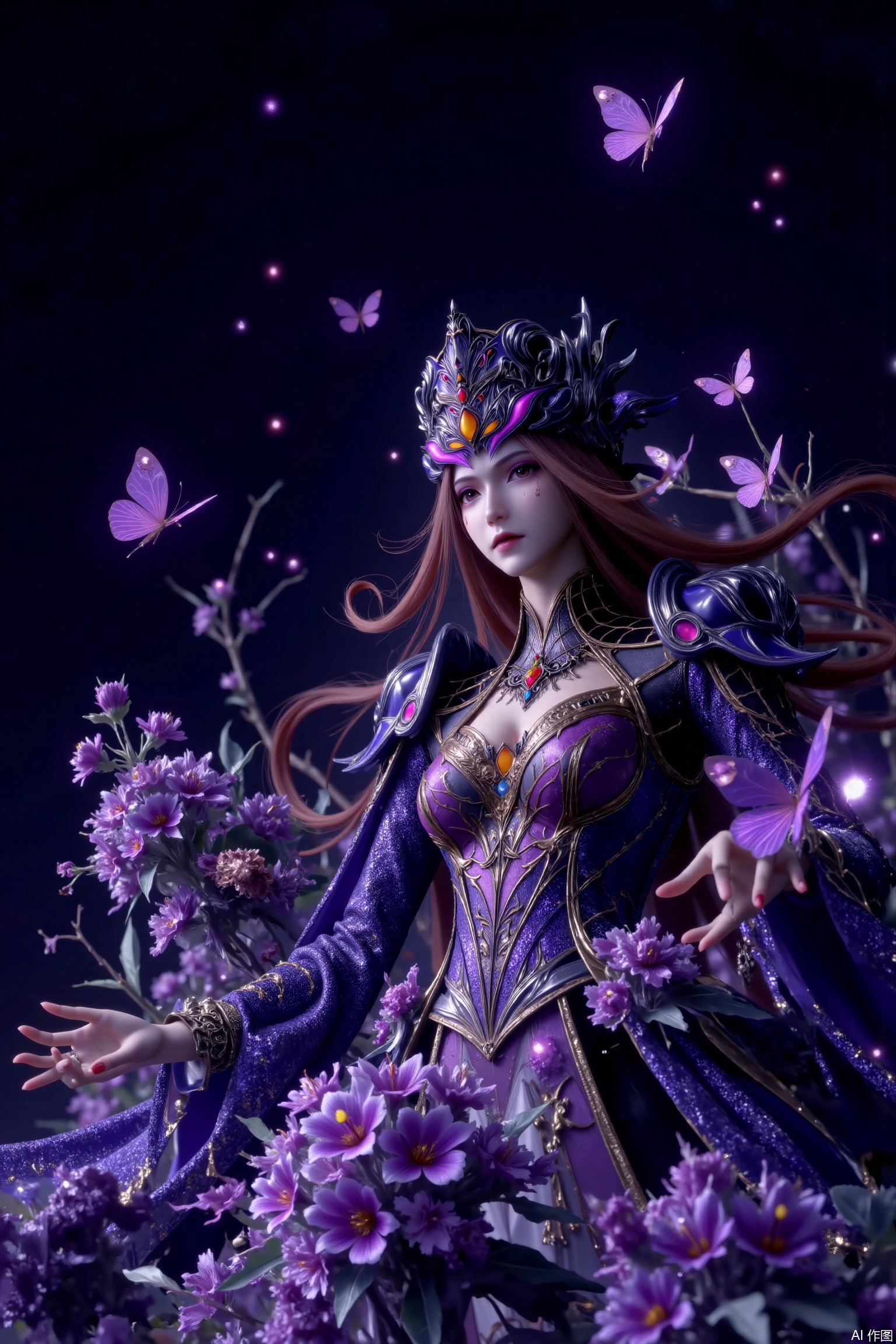 This painting depicts a quiet and ethereal scene in which a young woman is surrounded by vibrant flowers and flying butterflies. This lady has elegant brown hair. Her dress is luxuriously decorated with complicated details. The background is dark, and glowing spheres are scattered everywhere, which enhances the magical atmosphere. These flowers are mixed with purple, showing a harmonious tone. Various shades of purple butterflies add movement and vitality to the work.1 girl, solo, long hair, chest, watching the audience, brown hair, clothes, jewelry, boots, wide sleeves, armor, lips, shoulder armor.