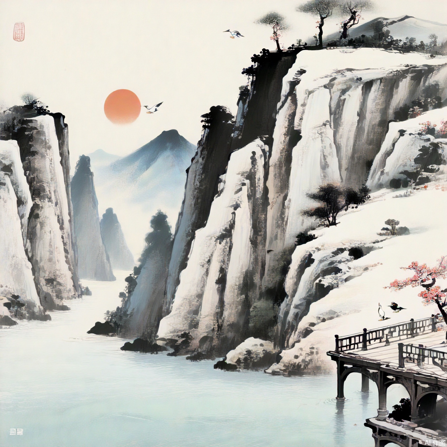  Best quality,8k,cg,falls,flowers,Sun,mountain,seagull,bridge, Chinese ancientpaintings,山水如画,荷塘月色,雪景,恬静女孩,Ink Wash