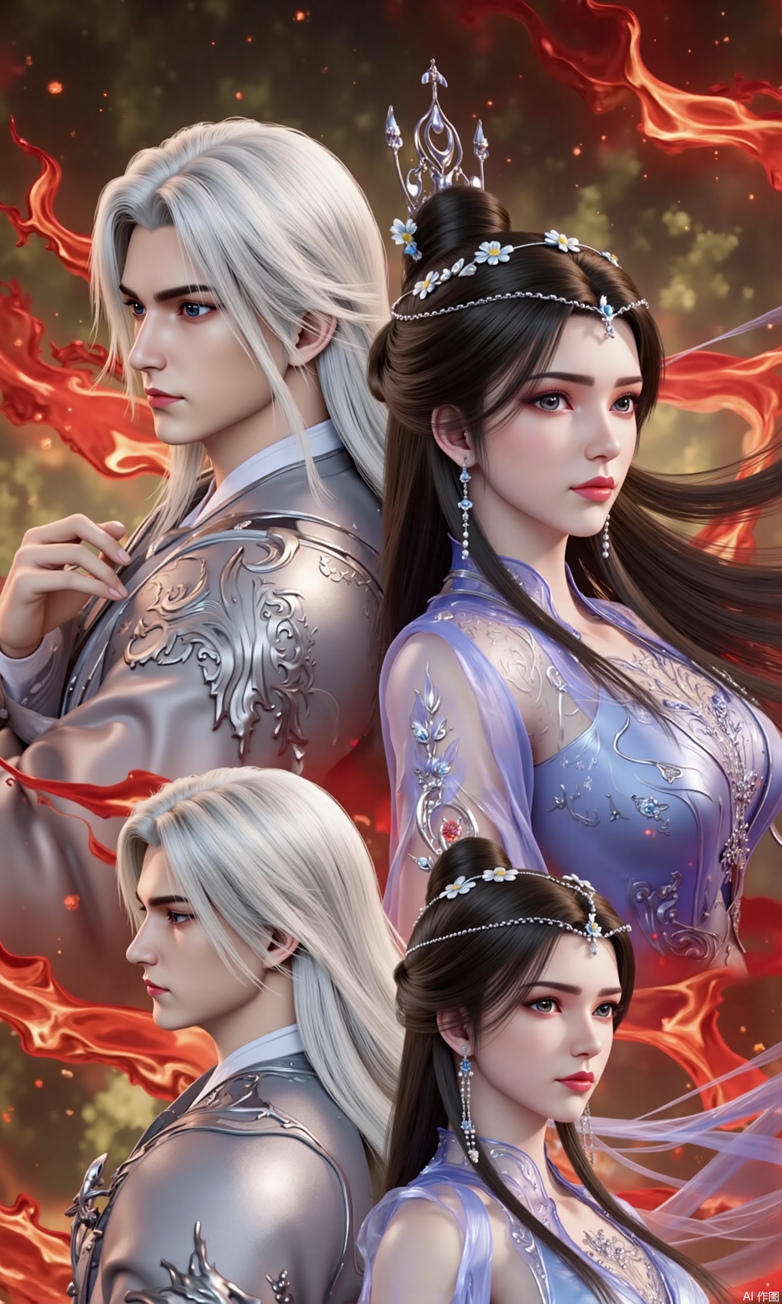 he image is a digital illustration of a man and a woman in traditional Chinese clothing. The man is on the left side of the image, with long white hair and a serious expression on his face. He is wearing a silver suit with intricate details and a red cape draped over his shoulders. The woman on the right side is also wearing a blue dress with a white headpiece. She has long dark hair styled in a high bun with a flower crown on her head. The background is filled with red and orange flames, creating a dramatic and powerful atmosphere. The overall color scheme is vibrant and dramatic, with a mix of blues, greens, and yellows.