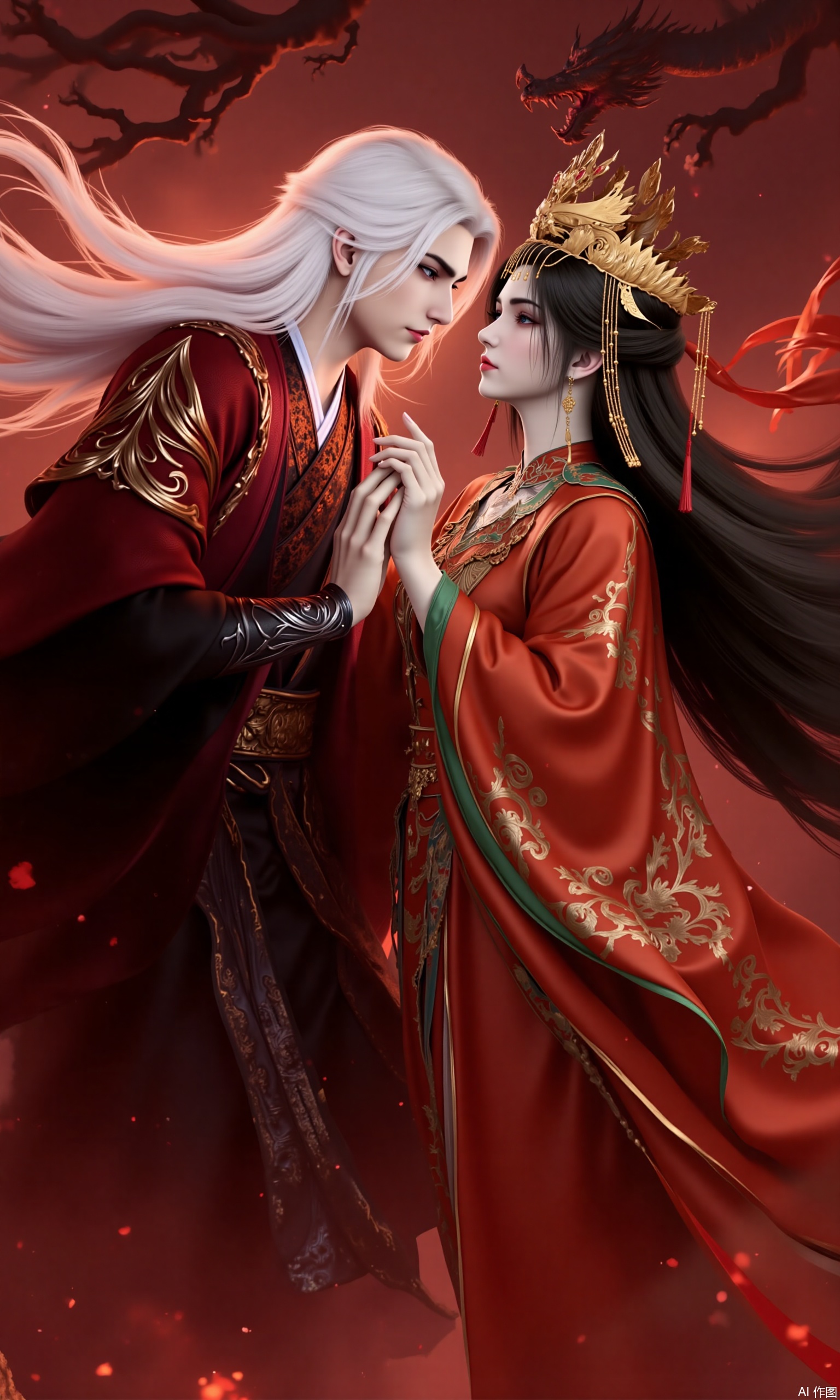 The image is a digital illustration of a man and a woman in traditional Chinese clothing. The man is on the left side of the image, wearing a red robe with gold accents and has long white hair that is flowing in the wind. He is holding the woman's hand and appears to be in a romantic embrace. The woman on the right side is wearing a gold crown with intricate details and long black hair. She has a serious expression on her face and is looking at the man with a slight smile. The background is a dark red color with a tree branch and a dragon-like creature in the distance. The overall mood of the illustration is dark and mysterious.