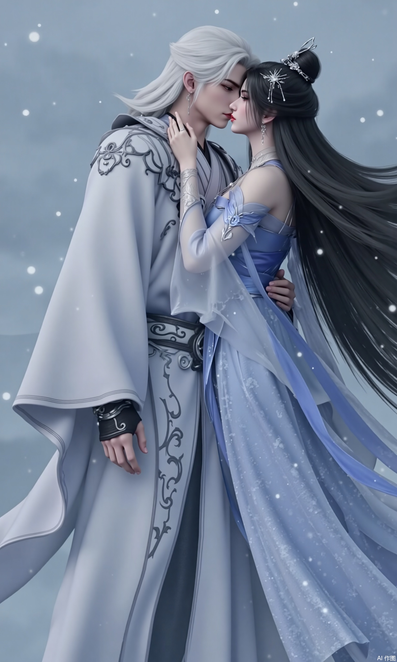 The image shows a romantic scene between a man and a woman. The man is wearing a white robe with intricate designs on it, while the woman is dressed in a blue dress with long black hair. They are standing in front of a cloudy sky with white snowflakes falling around them. The woman is leaning in to kiss the man on the cheek. The overall mood of the image is peaceful and serene.