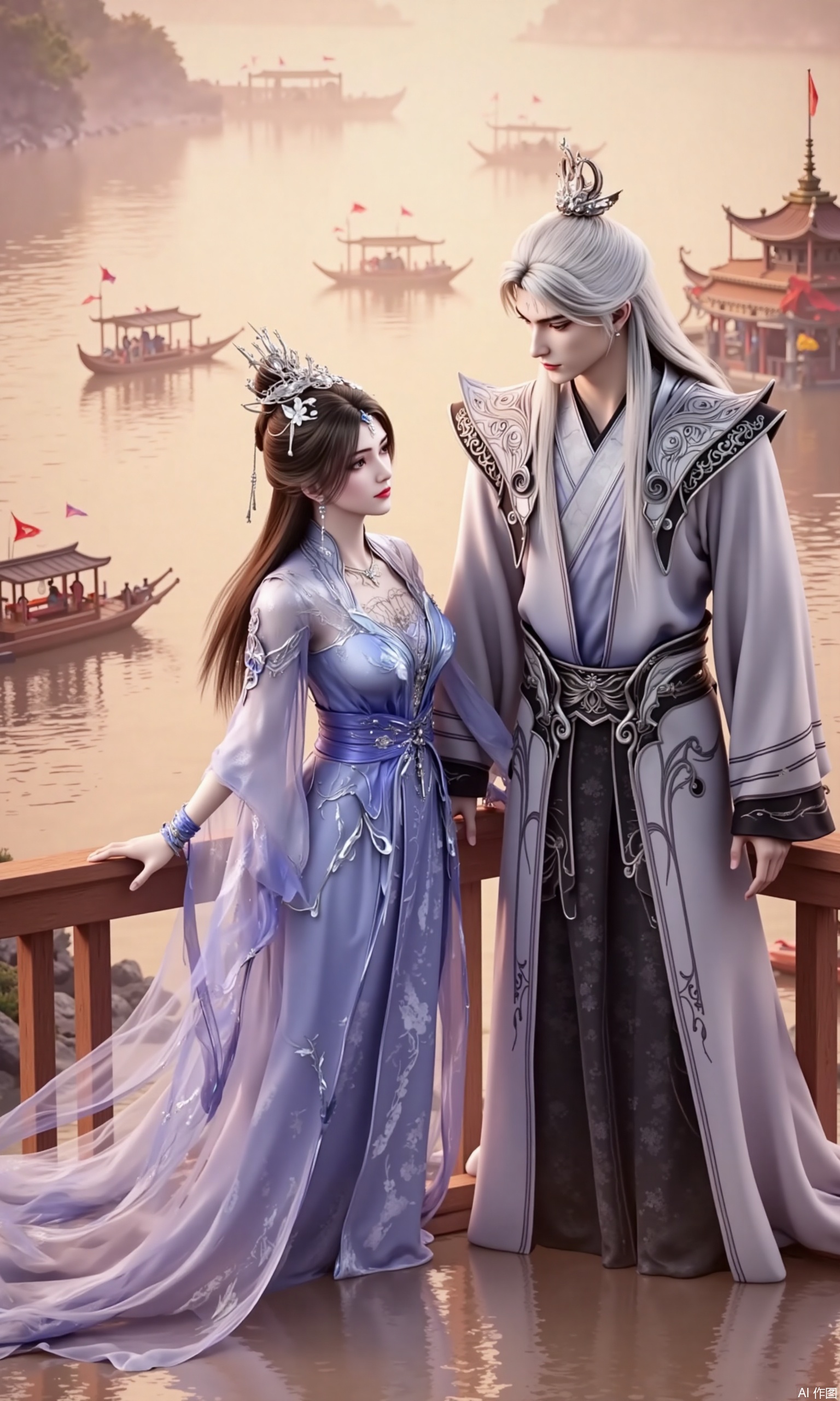 The image shows a couple dressed in traditional Chinese clothing, standing on a bridge overlooking a body of water. The woman is wearing a long, flowing blue dress with intricate patterns and designs, while the man has long white hair and a crown on his head. They are both looking at each other with a serious expression on their faces. In the background, there are several boats on the water and a temple-like structure on the shore. The sky is orange and pink, and the overall mood of the image is peaceful and serene.