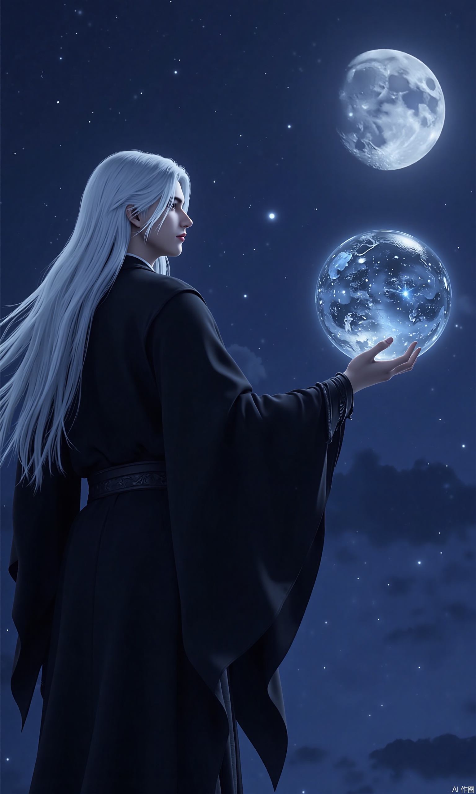 The image shows a person with long white hair, wearing a black robe, standing in front of a night sky with a full moon in the background. The person is holding a large crystal ball in their right hand and appears to be looking up at it with a peaceful expression on their face. The crystal ball is glowing blue and has intricate patterns and designs on it. The sky is filled with stars and the moon is partially visible in the top right corner. The overall mood of the image is mystical and mystical.