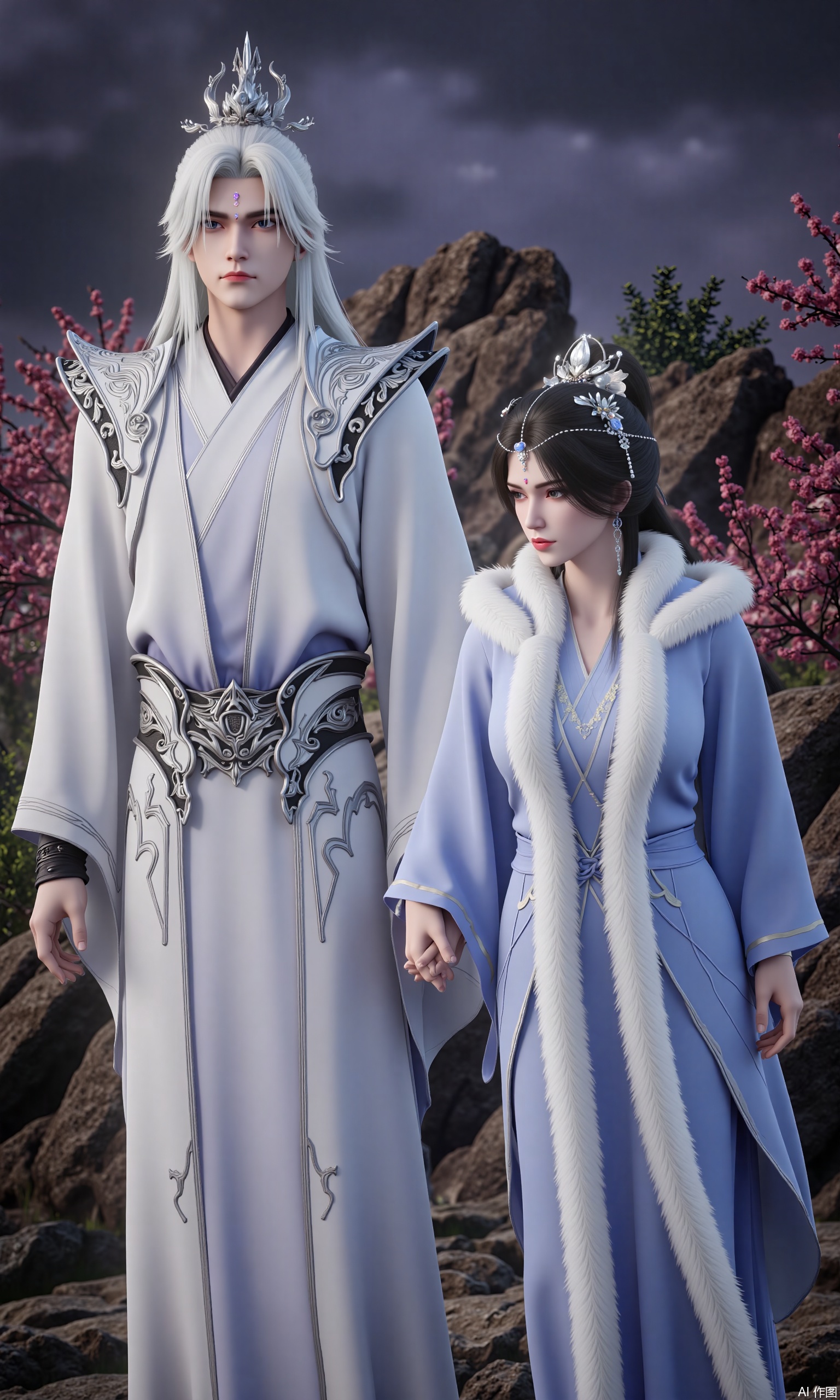 The image shows a man and a woman dressed in traditional Chinese clothing. The man is on the left side of the image, wearing a white robe with intricate designs and a crown on his head. He has long white hair and is looking off to the side with a serious expression on his face. The woman on the right side is wearing a blue robe with a white fur collar and a white headpiece. She has dark hair styled in a half-up, half-down look and is holding hands with the man. They are standing in front of a rocky landscape with pink flowers and trees in the background. The sky is dark and cloudy, giving the image a dramatic and mystical feel.
