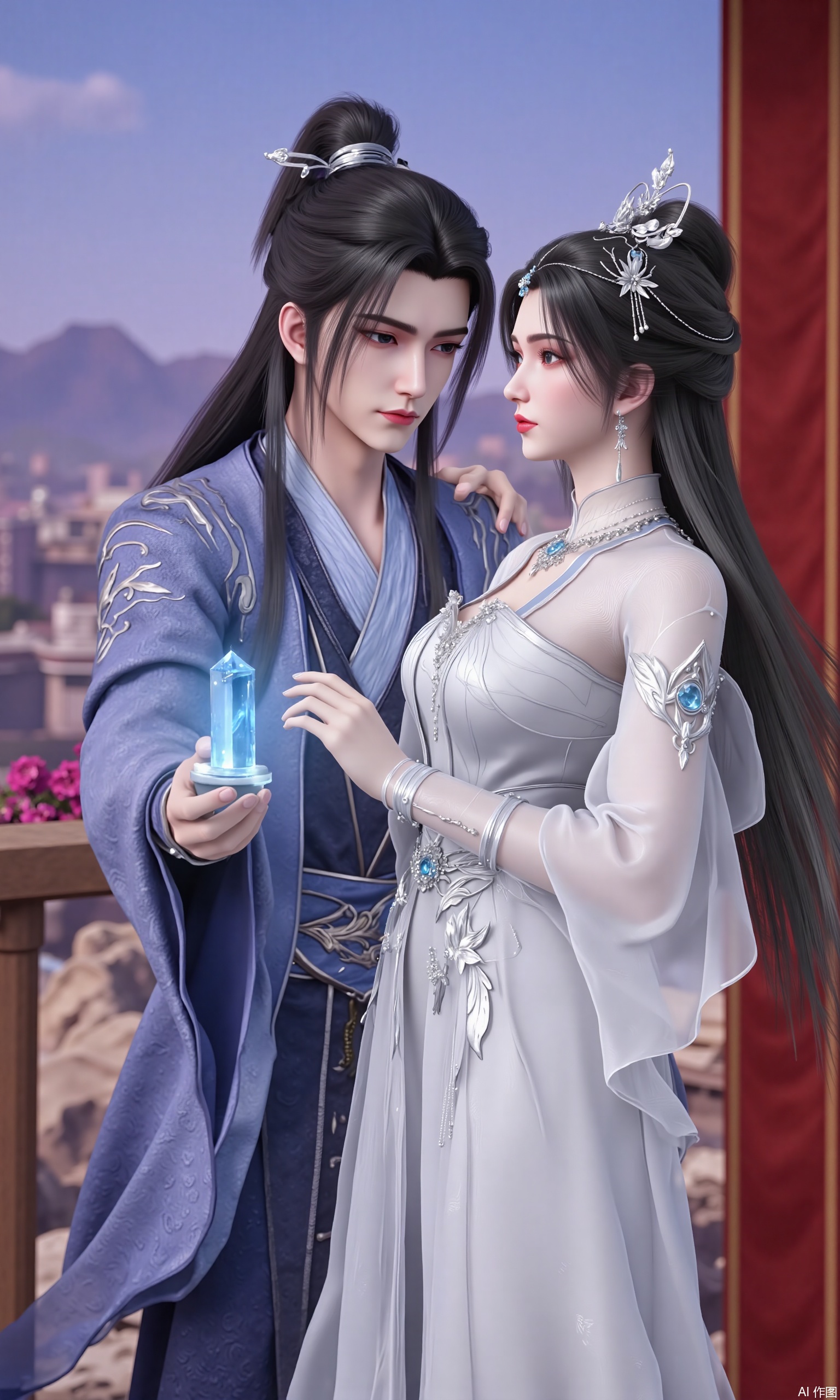 The image shows a man and a woman dressed in traditional Chinese clothing. The man is wearing a blue traditional Chinese outfit with a high collar and long black hair tied up in a bun. He is holding a blue crystal ball in his hand and is looking at the woman with a serious expression on his face. The woman is also wearing a white traditional Chinese dress with a long black veil and a tiara on her head. They are standing in front of a red curtain and there is a cityscape in the background. The sky is blue and there are mountains in the distance. The overall mood of the image is romantic and elegant.