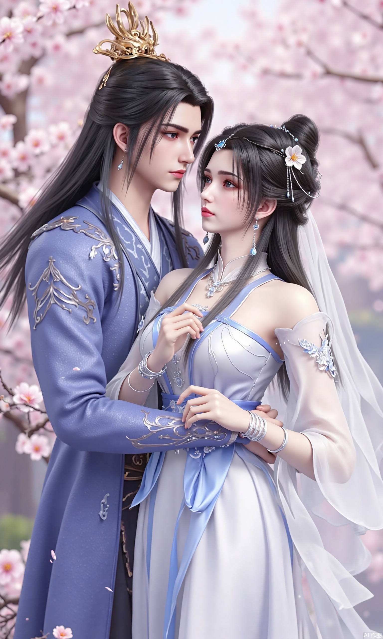 The image is a digital illustration of a young couple dressed in traditional Chinese clothing. The man is on the left side of the image, wearing a blue robe with intricate patterns and a gold crown on his head. He has long black hair and is looking down at the woman with a serious expression on his face. The woman has long dark hair styled in a half-up, half-down braid with a flower in her hair. She is wearing a white dress with a blue sash and a white veil. The background is filled with pink cherry blossom trees, creating a romantic and dreamy atmosphere. The overall color palette is soft and muted, giving the image a dreamy and ethereal feel.