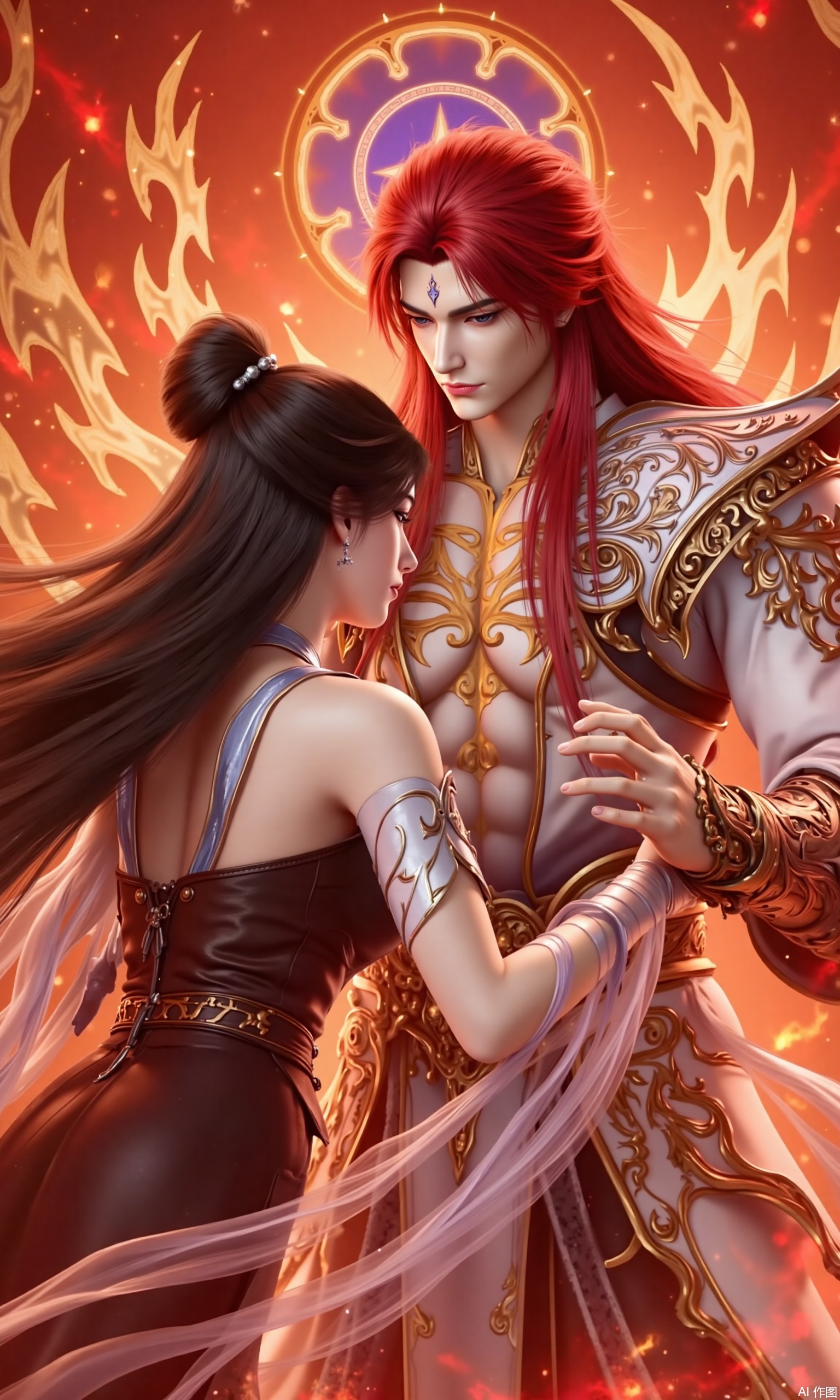 The image is a digital illustration of a man and a woman in a romantic embrace. The man is on the right side of the image, with long red hair and a fierce expression on his face. He is wearing a white and gold armor with intricate designs and patterns. The woman is standing in front of him, with her back to the camera, facing him. She has long black hair that is styled in a half-up, half-down ponytail. The background is a fiery orange and red color with a circular design in the center. The overall mood of the illustration is intense and dramatic.