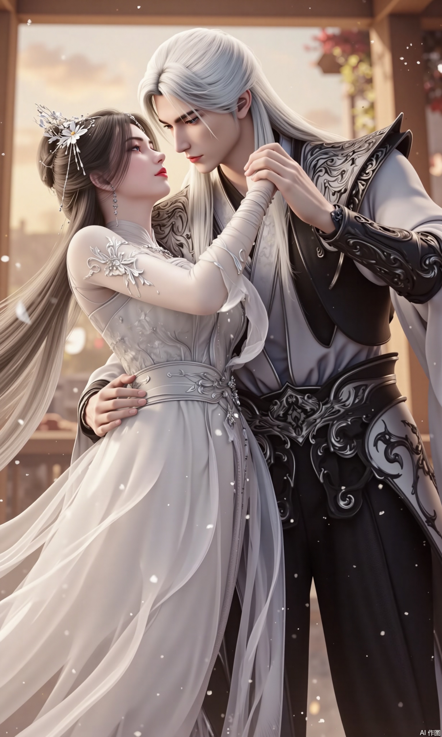The image shows a romantic scene between a man and a woman. The man is wearing a black and white outfit with intricate designs on his chest and sleeves. He has long white hair and is looking down at the woman with a serious expression on his face. The woman is also wearing a white dress with a flower crown on her head. They are standing in front of a window with a view of a city skyline in the background. The overall mood of the image is one of love and romance.