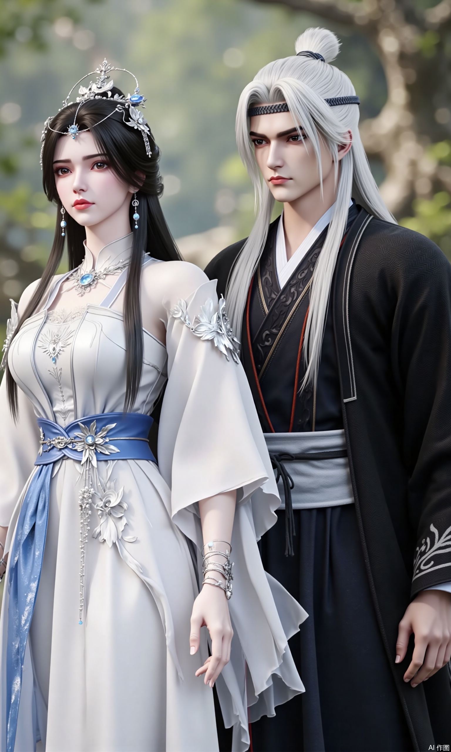 The image shows a couple dressed in traditional Chinese clothing. The woman is on the left side of the image, wearing a white dress with a blue sash and a tiara on her head. She has long dark hair and is looking directly at the camera with a serious expression. The man on the right side is wearing a black kimono with a white headband and has long white hair styled in a half-up, half-down look. He has a serious and serious expression on his face. The background is blurred, but it appears to be an outdoor setting with trees and foliage.