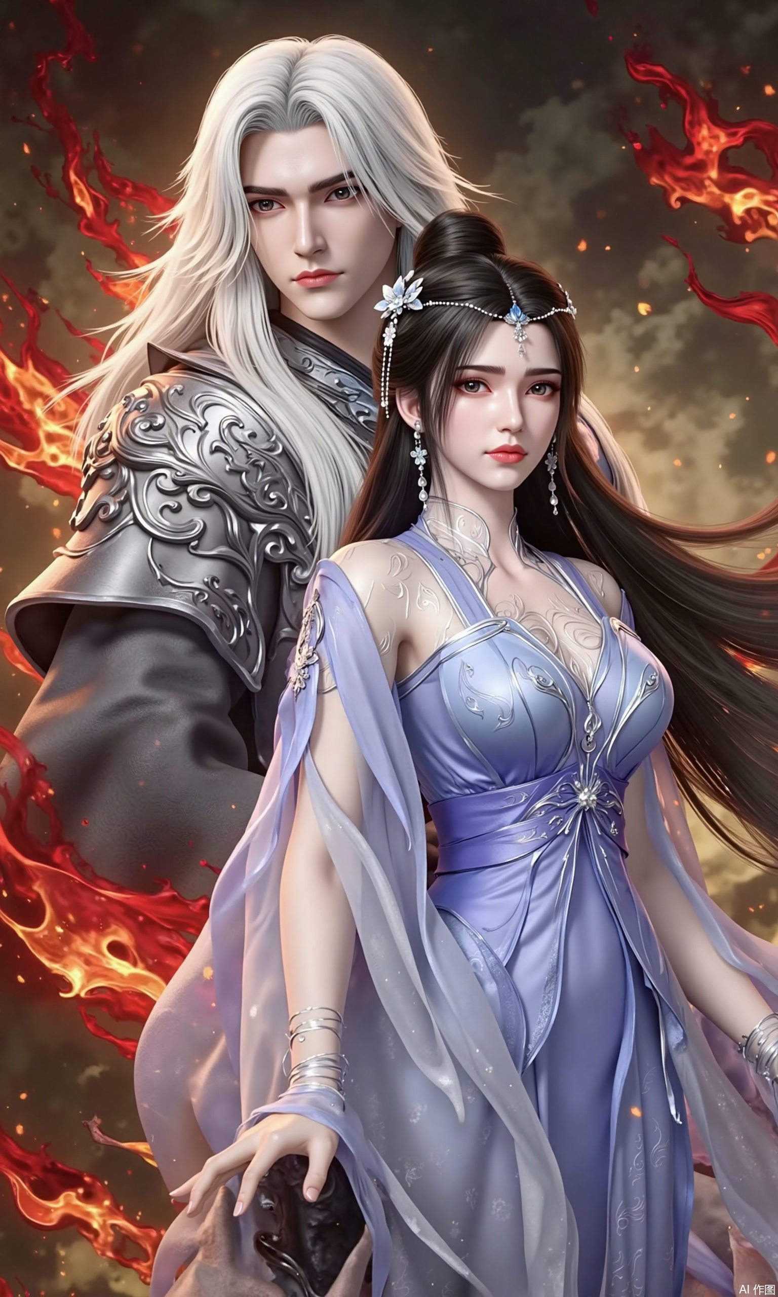 he image is a digital illustration of a man and a woman in traditional Chinese clothing. The man is on the left side of the image, with long white hair and a serious expression on his face. He is wearing a silver suit with intricate details and a red cape draped over his shoulders. The woman on the right side is also wearing a blue dress with a white headpiece. She has long dark hair styled in a high bun with a flower crown on her head. The background is filled with red and orange flames, creating a dramatic and powerful atmosphere. The overall color scheme is vibrant and dramatic, with a mix of blues, greens, and yellows.