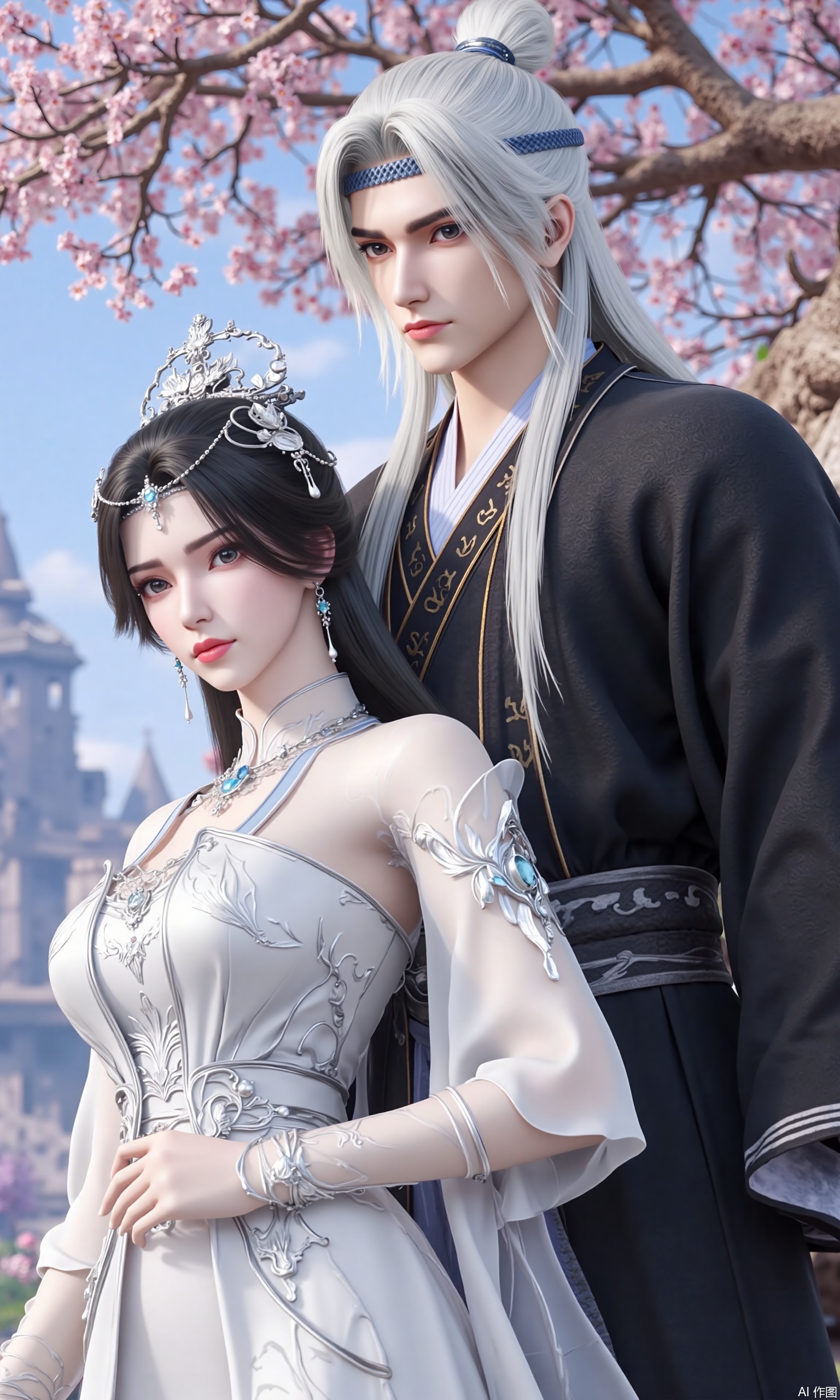 The image shows a young couple dressed in traditional Chinese clothing. The woman is on the left side of the image, wearing a white dress with intricate details and a tiara on her head. She has long dark hair and is looking directly at the camera with a serious expression. The man on the right side is wearing a black robe with a blue headband and has long white hair. He has a serious look on his face. In the background, there is a tree with pink flowers and a castle-like structure. The sky is blue and there are a few clouds in the distance.