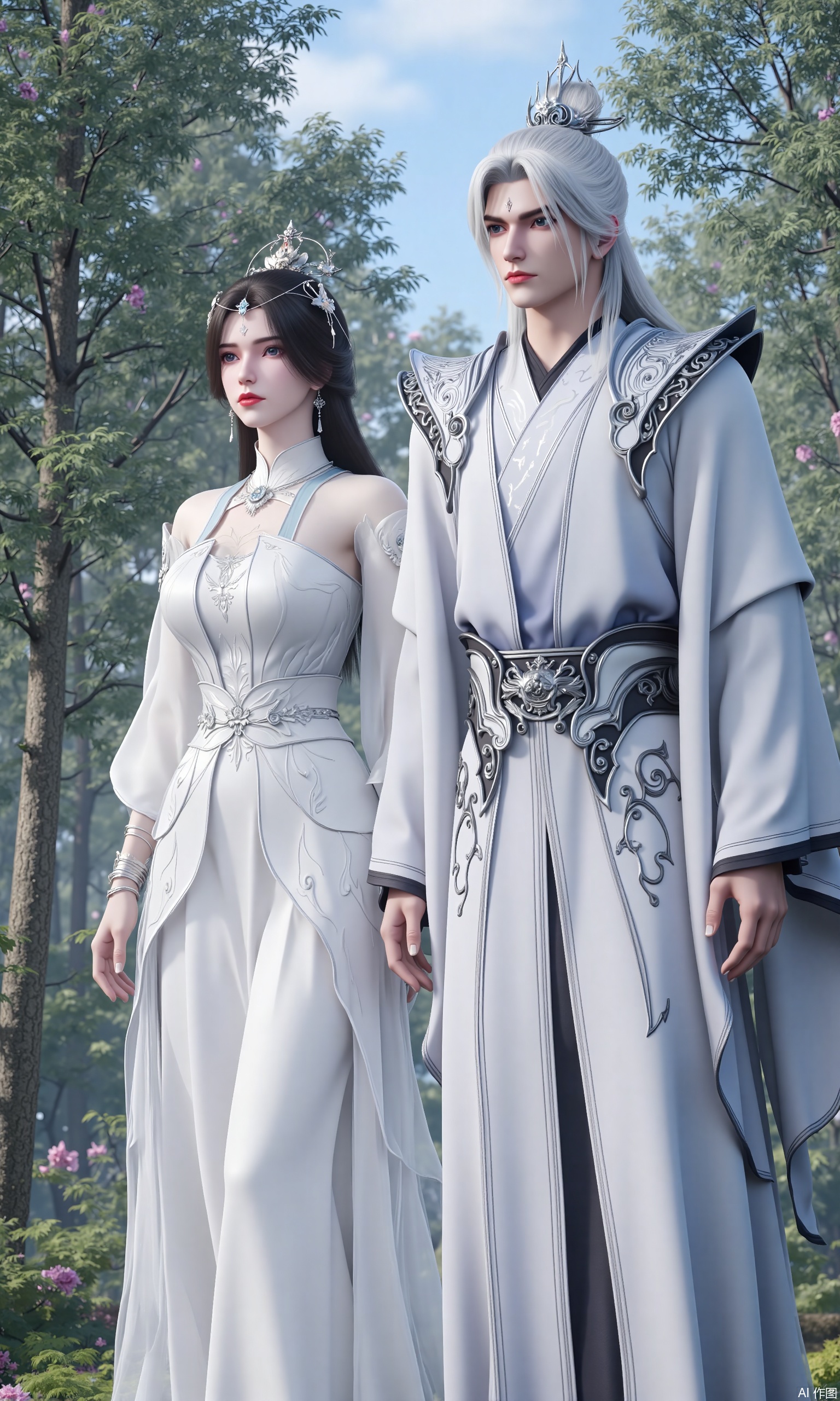 The image shows a man and a woman standing in a forest. The man is on the right side of the image, wearing a white robe with intricate details and a crown on his head. He has long white hair and is looking off to the side with a serious expression on his face. The woman on the left is wearing a long white dress with a high neckline and long sleeves. She has dark hair styled in loose waves and is wearing red lipstick. The background is filled with tall trees and pink flowers, creating a peaceful and serene atmosphere. The sky is blue and there are a few clouds in the distance.