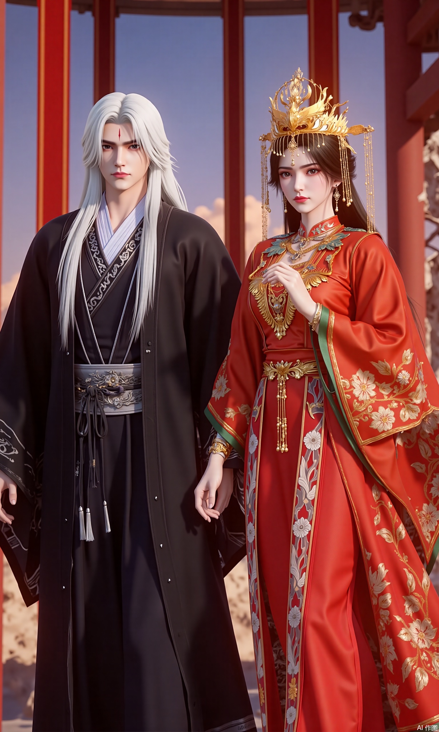 The image shows two characters, a man and a woman, dressed in traditional Chinese clothing. The man is on the left side of the image, wearing a black robe with silver accents and a long white hair. He has a serious expression on his face and is looking directly at the camera. The woman on the right side is wearing a red robe with gold embroidery and a gold crown on her head. She is also wearing a gold necklace and earrings. They are standing in front of a red archway with a blue sky in the background. The image appears to be a digital illustration.