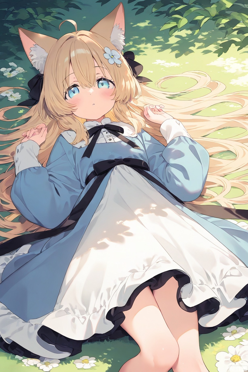 1girl, animal ears, flower, dress, blue eyes, lying, solo, ribbon, long hair, bangs, looking at viewer, hair ornament, long sleeves, bow, hair between eyes, blonde hair, blush