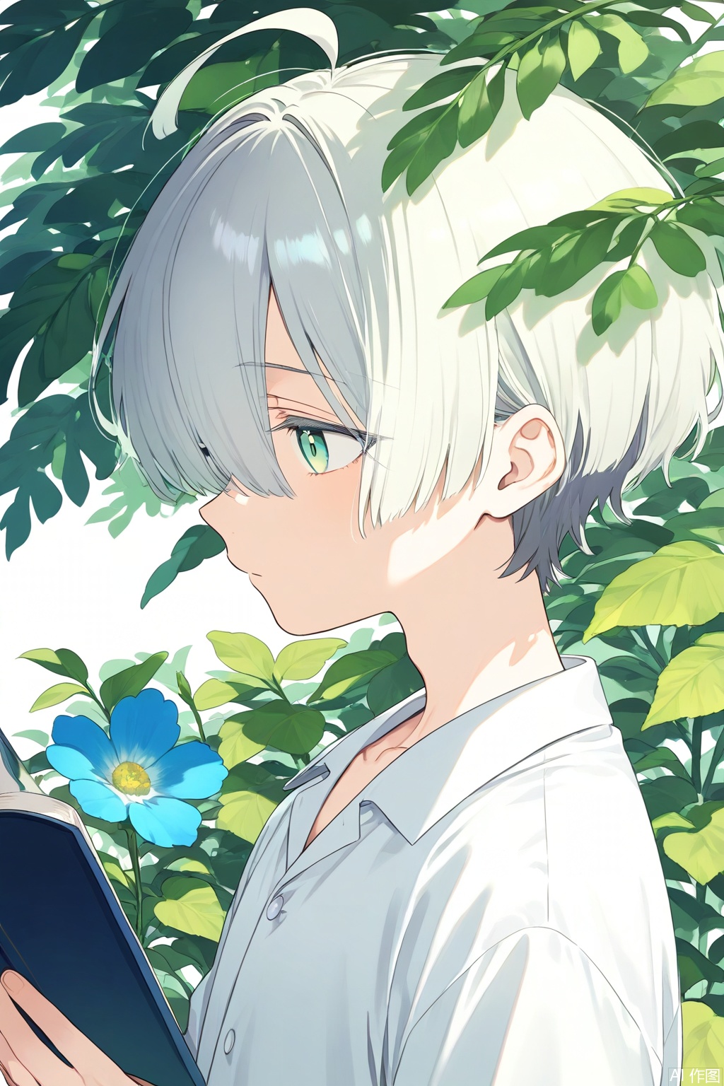 solo, short hair, shirt, 1boy, closed mouth, green eyes, white shirt, upper body, flower, ahoge, white hair, grey hair, male focus, hair over one eye, from side, book, profile, plant, blue flower