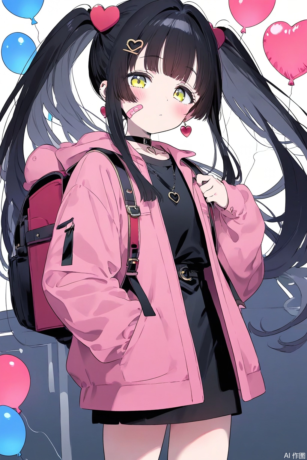 1girl, solo, shot hair, looking at viewer, blush, bangs, skirt, shirt, black hair, hair ornament, long sleeves, white background, twintails, jewelry, closed mouth, standing, jacket, heart, cowboy shot, earrings, open clothes, choker, hairclip, black skirt, necklace, bag, open jacket, black shirt, backpack, bandaid, zipper, heart hair ornament, bandaid on face, pink jacket, balloon, heart balloon