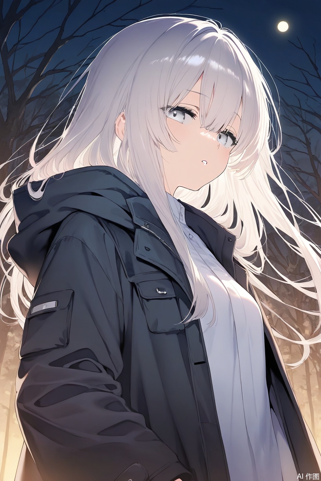 1girl, solo, long hair, breasts, looking at viewer, bangs, shirt, long sleeves, hair between eyes, medium breasts, jacket, white shirt, upper body, white hair, outdoors, parted lips, open clothes, open jacket, tree, coat, grey eyes, night, bare tree
