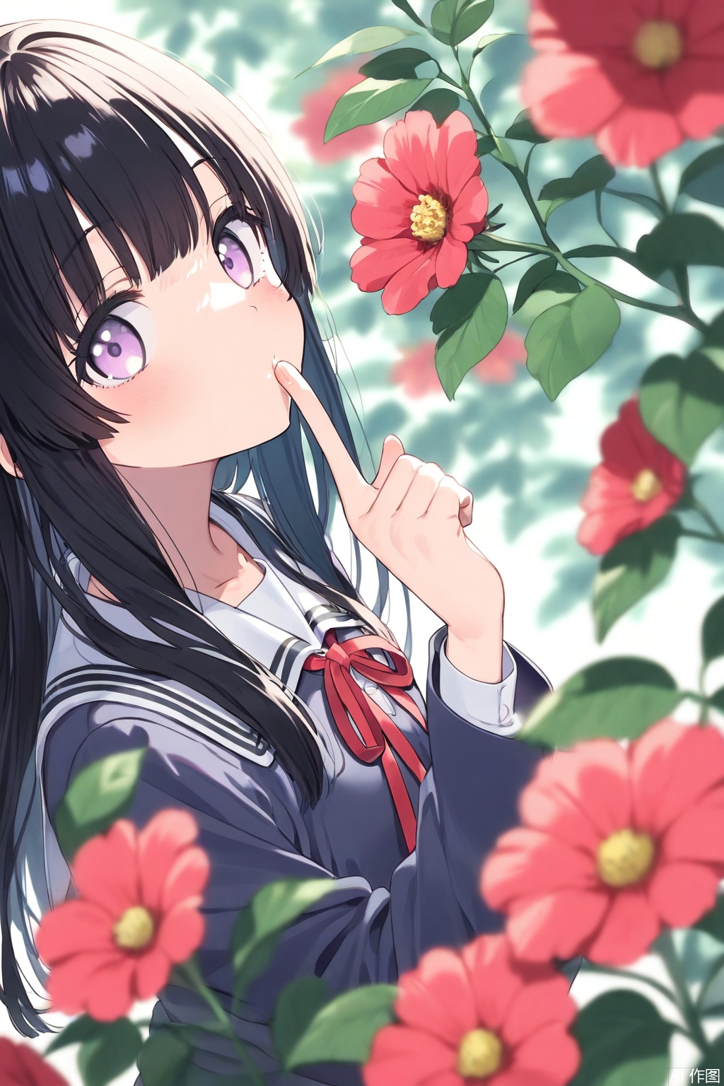 1girl, solo, flower, red flower, long hair, depth of field, blurry, purple eyes, finger to mouth, red ribbon, shushing, ribbon, neck ribbon, jacket, blurry foreground, bangs, black hair, school uniform,