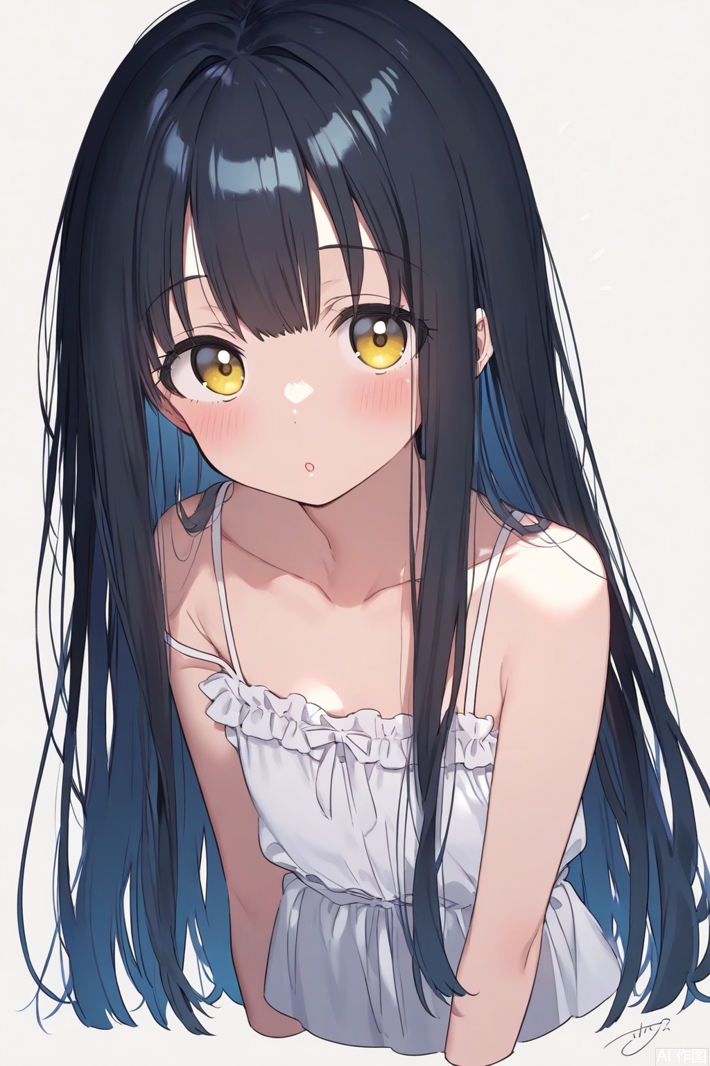 1girl, solo, white background, simple background, long hair, cropped torso, white dress, parted lips, dress, upper body, signature, looking at viewer, collarbone, blush, strap slip, bare shoulders, sleeveless dress, :o, sleeveless, swept bangs, blue hair, brown eyes, very long hair, black hair, bare arms, yellow eyes, frills