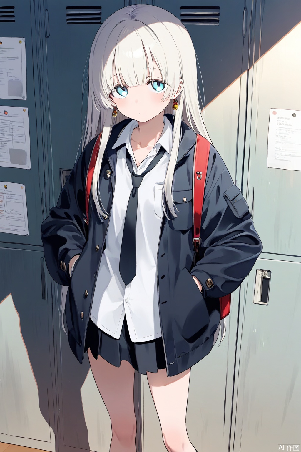 1girl, locker, solo, necktie, hands in pockets, black necktie, skirt, shirt, white shirt, long hair, jacket, photo (object), collared shirt, black skirt, looking at viewer, blue eyes, pleated skirt, locker room, shadow, black jacket, closed mouth, open clothes, bag, standing, feet out of frame, white hair, backpack, loose necktie, sunlight, open jacket, paper, miniskirt, earrings, pocket, shade, long sleeves, jewelry, bulletin board