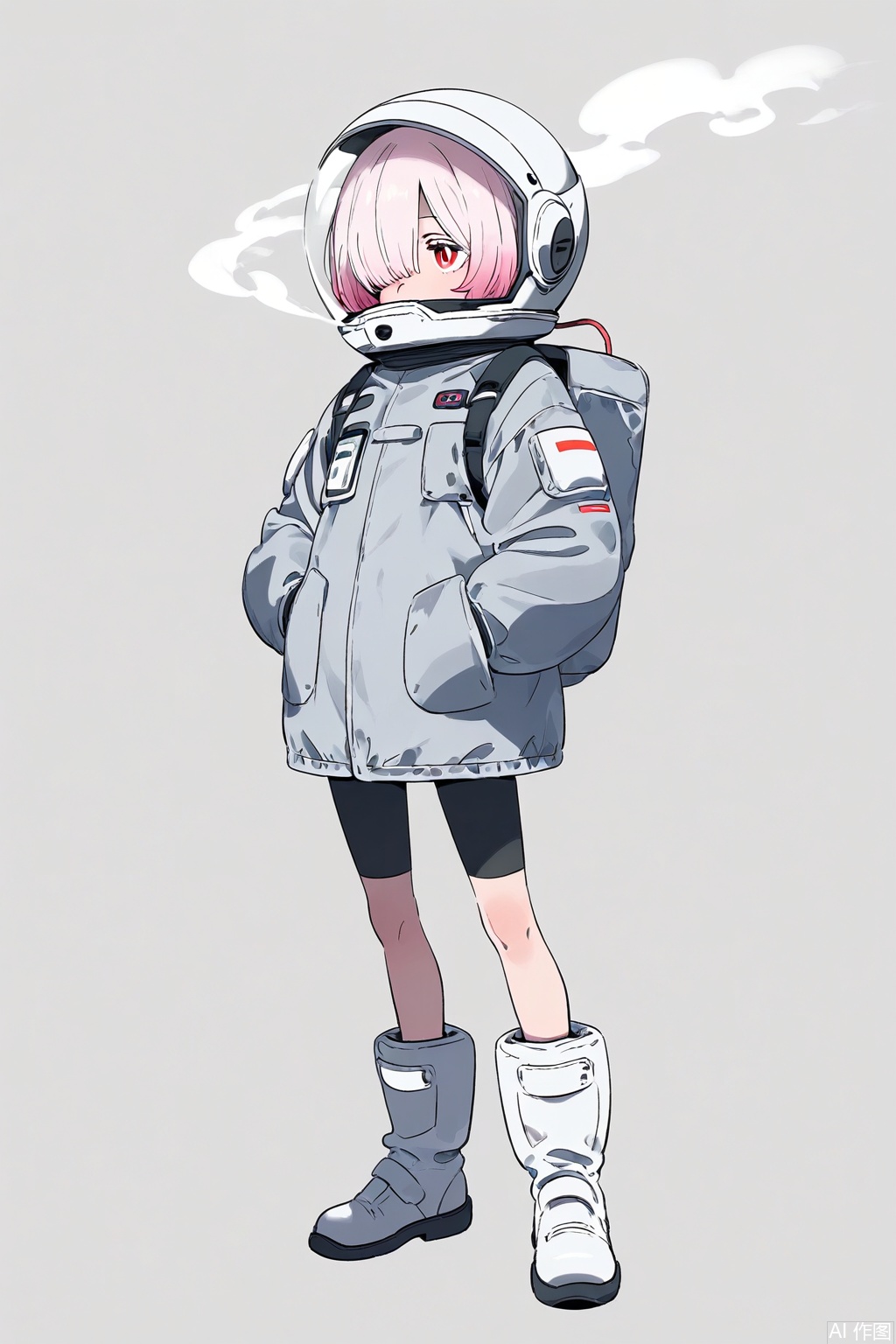 1girl,solo,white background,helmet,hands in pockets,simple background,boots,pink hair,full body,white footwear,smoke,hair over one eye,short hair,space helmet,white hair,personification,spacesuit,red eyes,long sleeves,covered mouth,grey jacket,