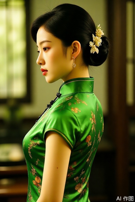 1girl, solo, black hair, hair ornament, dress, jewelry, upper body, flower, short sleeves, earrings, indoors, hair flower, hair bun, blurry, from side, lips, profile, blurry background, chinese clothes, floral print, half-closed eyes, china dress, green dress, realistic