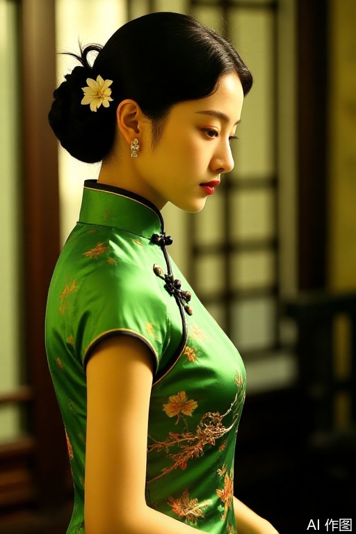 1girl, solo, black hair, hair ornament, dress, jewelry, upper body, flower, short sleeves, earrings, indoors, hair flower, hair bun, blurry, from side, lips, profile, blurry background, chinese clothes, floral print, half-closed eyes, china dress, green dress, realistic