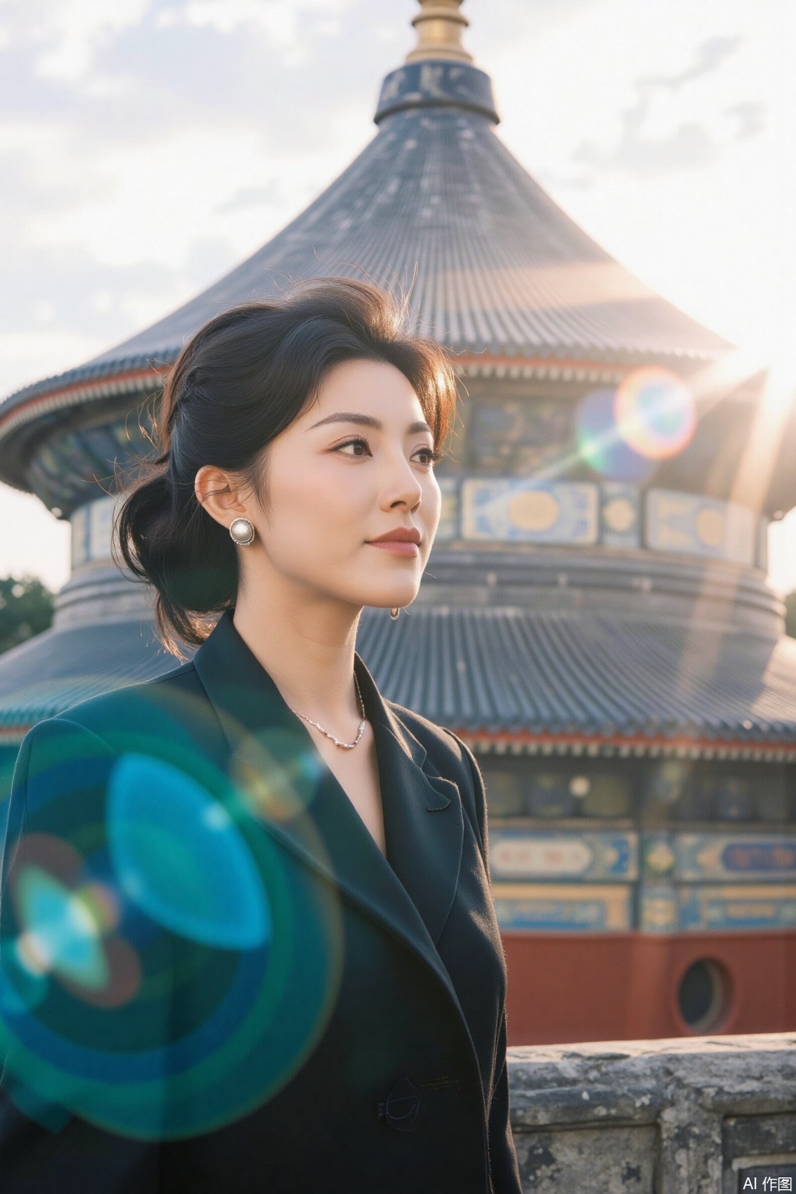 A close-up captures an elegant lady with a hint of melancholy, positioned near the majestic Temple of Heaven. Soft warm light filters through the eaves, while the surrounding air shimmers with a cool teal tint. Shot from a side angle, this film-inspired image with bold warm-cold color clash weaves a tale of yearning and nostalgia.plns,zhj, jzbj,double-exposure,vivid color,motion blur effect