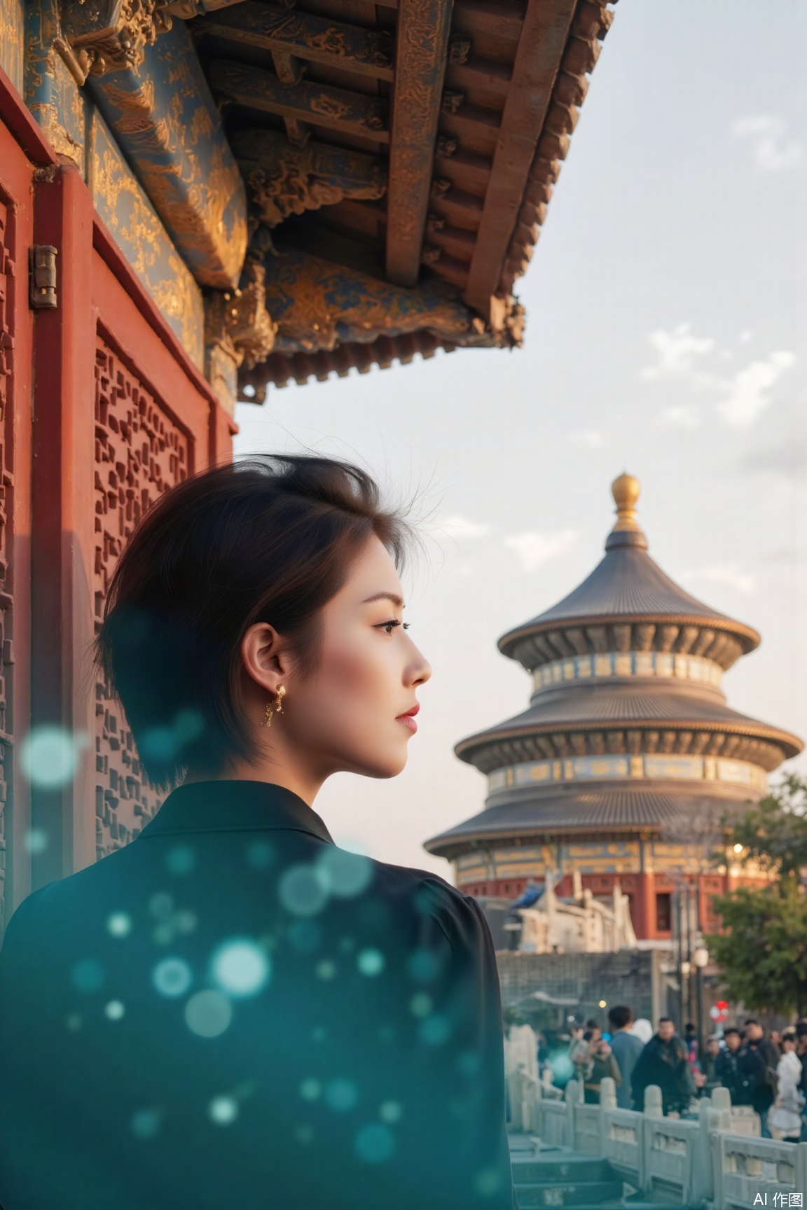 A close-up captures an elegant lady with a hint of melancholy, positioned near the majestic Temple of Heaven. Soft warm light filters through the eaves, while the surrounding air shimmers with a cool teal tint. Shot from a side angle, this film-inspired image with bold warm-cold color clash weaves a tale of yearning and nostalgia.plns,zhj, jzbj,double-exposure