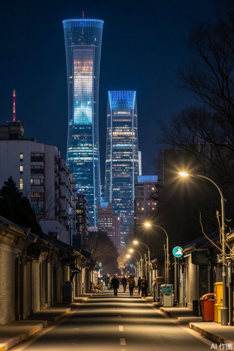 jzbj,beijing, Under the cover of night, Beijing's ancient hutongs and modern skyscrapers complement each other. The tranquility of the hutongs contrasts sharply with the bright lights of the high - rises, showcasing the unique beauty of time - space integration in this city, where tradition and modernity coexist harmoniously.