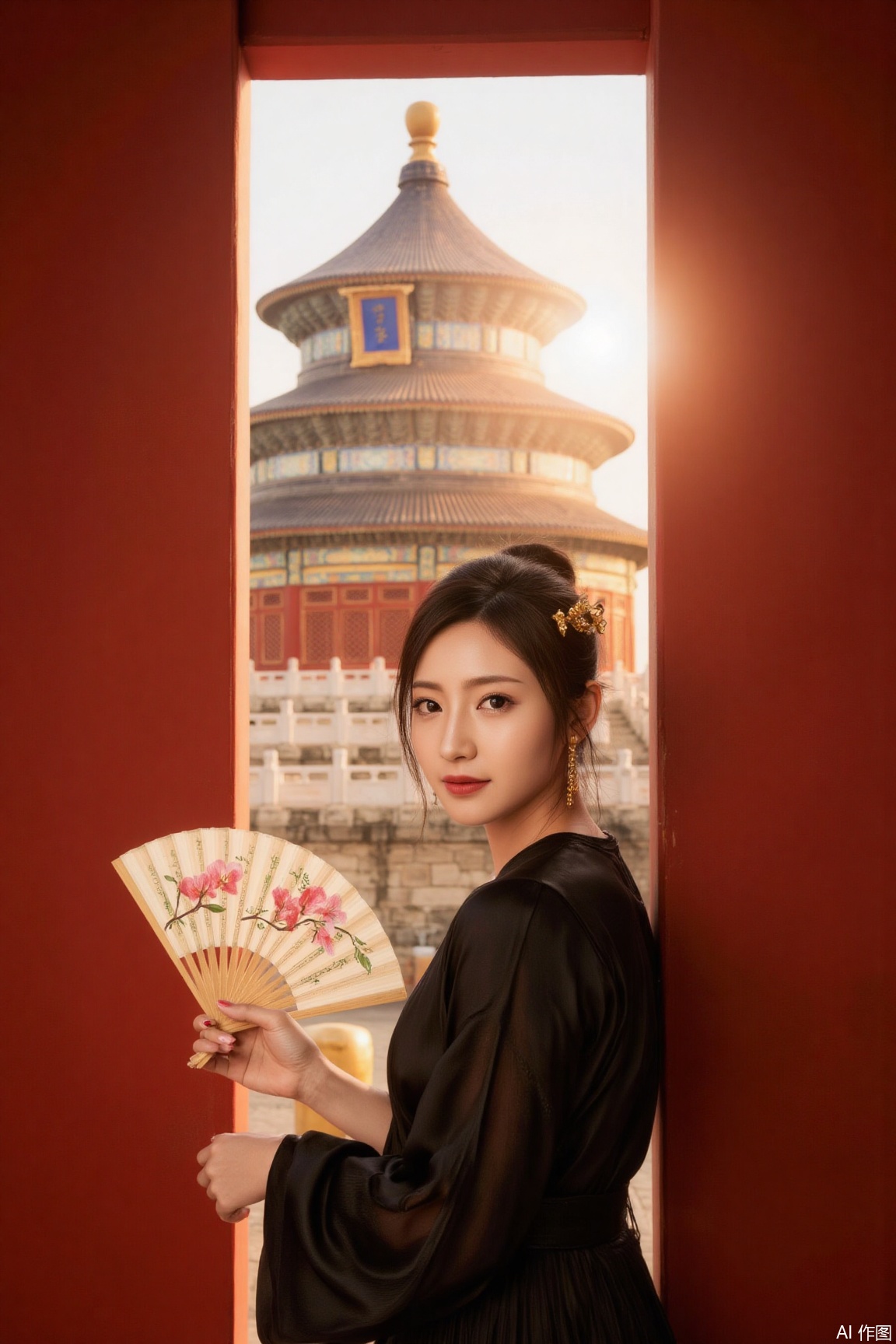 Against the backdrop of a vermilion gate, a woman in a black, modernized hanfu leans gracefully, her raven hair styled in an elegant chignon adorned with golden hairpins and red jade hair ornaments that sway gently with her movements. Beneath her slender brows, almond - shaped eyes exude calmness, and her lips are painted a rich crimson. She holds a semi - transparent silk fan with ink - painted orchids. As she turns slightly to look back, her silhouette is framed by the red wall, with the Temple of Heaven looming in the distance. The glazed golden dome blends with the setting sun, creating a mysterious allure. She appears like a beauty stepping out of an ancient scroll, forming a breathtaking scene..,plns,portrait,jzbj,beijing