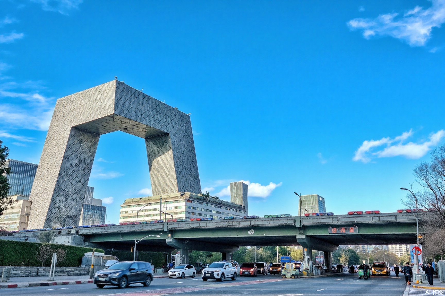 jzbj,beijing, In the picture, the CCTV Headquarters Building has a unique shape with an irregular geometric form. Under the blue sky, the busy road is full of traffic, and the "Guanghua Bridge" spans across it, showing the prosperity and vitality of the city.