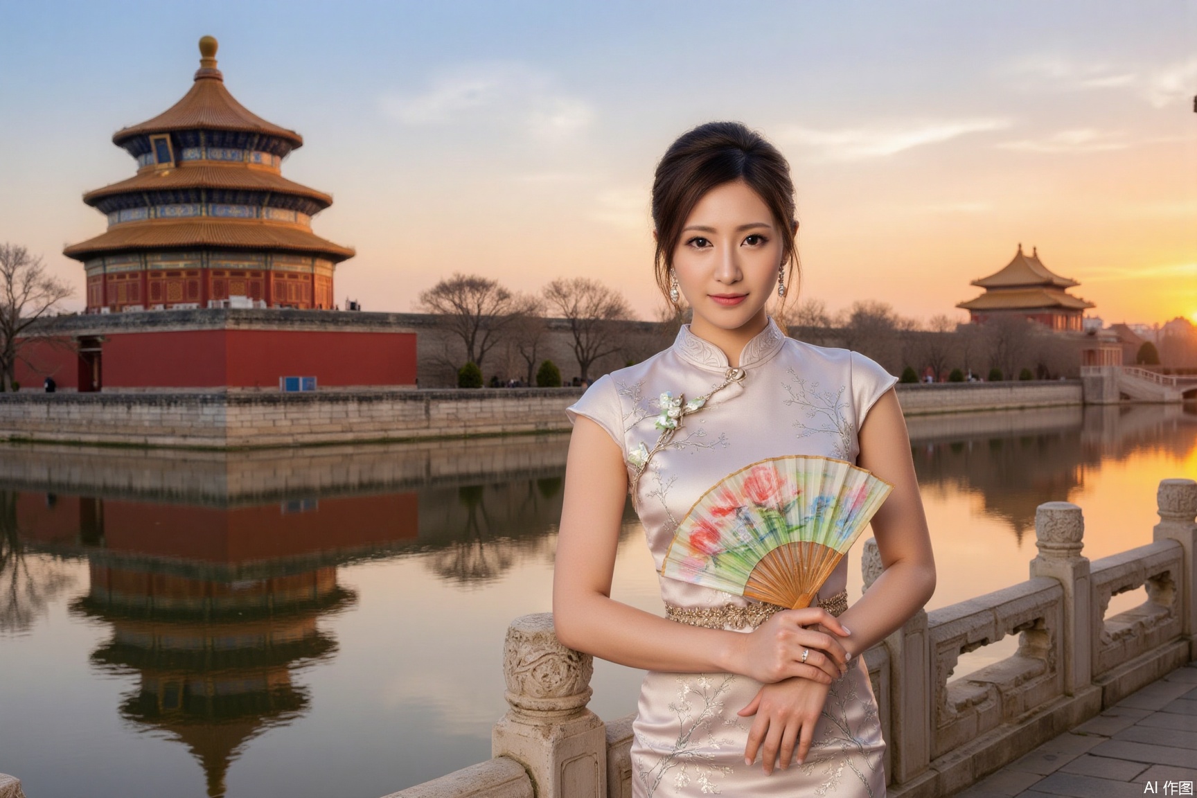 Under the setting sun, a woman in an embroidered qipao stands gracefully before the Forbidden City Corner Tower in Beijing. Her hair is styled in an updo secured by a carved jade hairpin, with pearl earrings swaying gently. Leaning on a stone railing with one hand, she holds a plum blossom-painted fan in the other, gazing serenely. Behind her, the red walls and yellow tiles of the tower, set against the gradient sky, are mirrored in the moat, capturing the harmony between the woman and the ancient architecture.,plns,portrait,jzbj,beijing