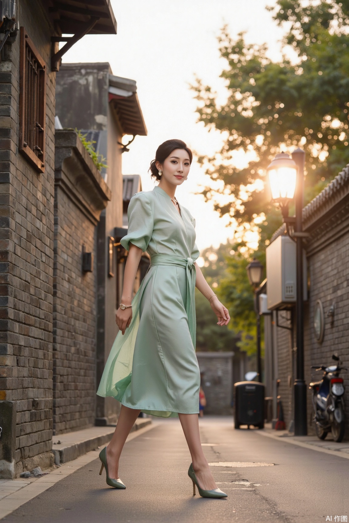 As the first light of dawn appears, an elegant lady in a mint-green vintage dress takes a brisk step around the alley corner. A 45-degree downward shot freezes the moment she turns back with a gentle smile. The warm golden morning light contrasts sharply with the cool gray of the blue bricks, and the cinematic lighting creates a romantic storytelling atmosphere.Beijing hutong,plns,zhj,double-exposure,model pose,jzbj