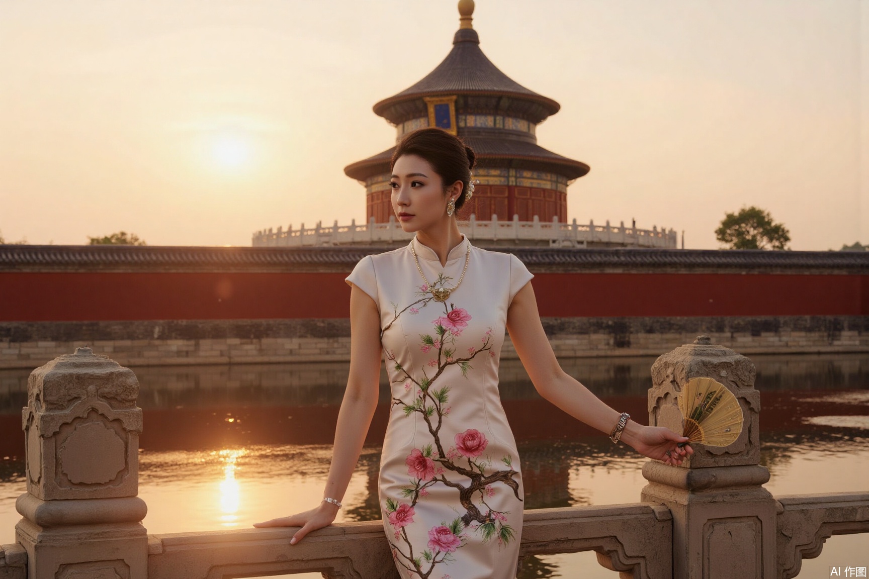 Under the setting sun, a woman in an embroidered qipao stands gracefully before the Forbidden City Corner Tower in Beijing. Her hair is styled in an updo secured by a carved jade hairpin, with pearl earrings swaying gently. Leaning on a stone railing with one hand, she holds a plum blossom-painted fan in the other, gazing serenely. Behind her, the red walls and yellow tiles of the tower, set against the gradient sky, are mirrored in the moat, capturing the harmony between the woman and the ancient architecture.,plns,portrait,jzbj,beijing